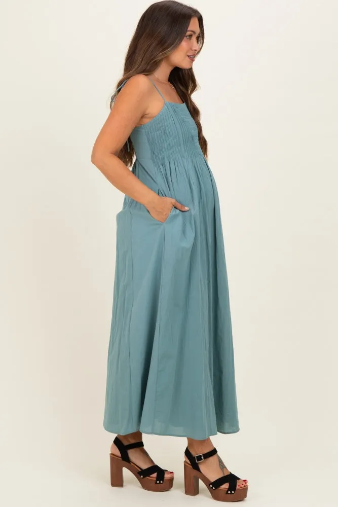 Teal Cotton Pintuck Tie Strap Maternity Maxi Dress sold by Pinkblush product image thumbnail 2
