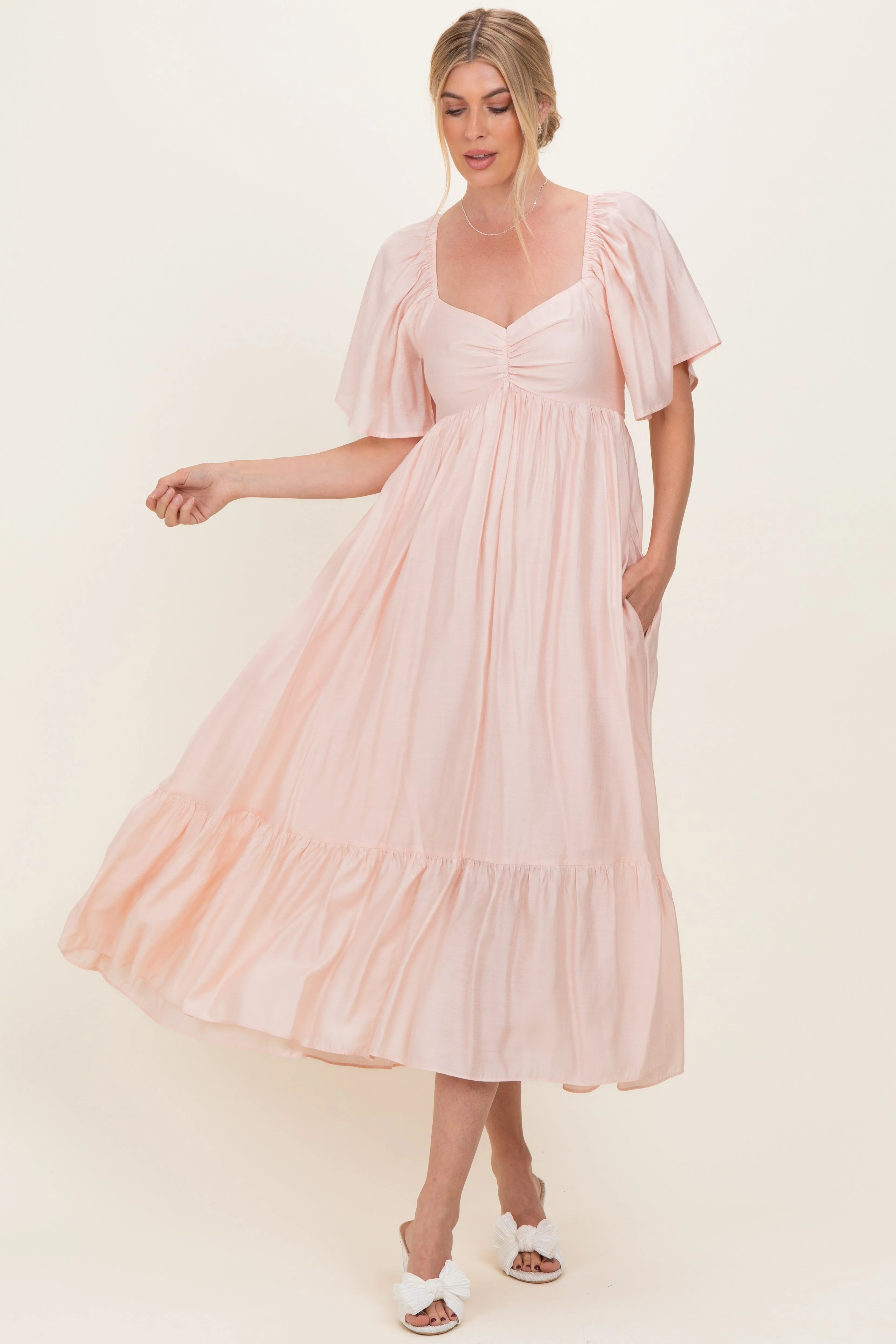 Light Pink Flutter Sleeve Ruffle Hem Midi Dress sold by Pinkblush