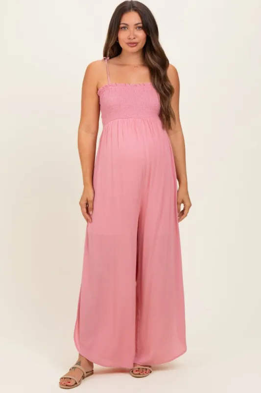 Mauve Smocked Wide Leg Adjustable Strap Maternity Jumpsuit made by Hello MIZ