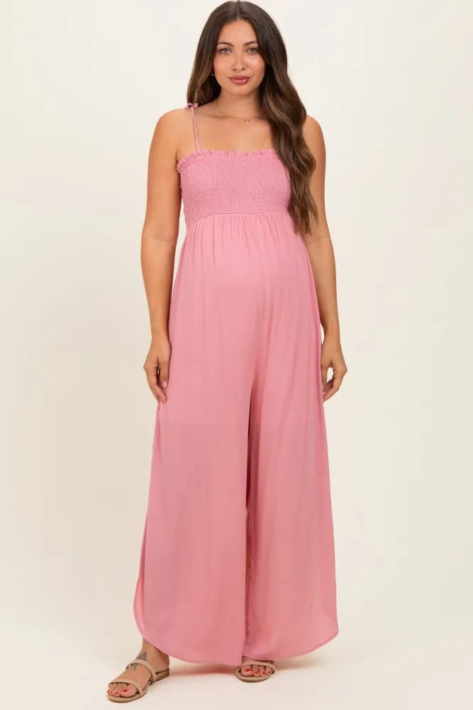 Mauve Smocked Wide Leg Adjustable Strap Maternity Jumpsuit sold by Pinkblush