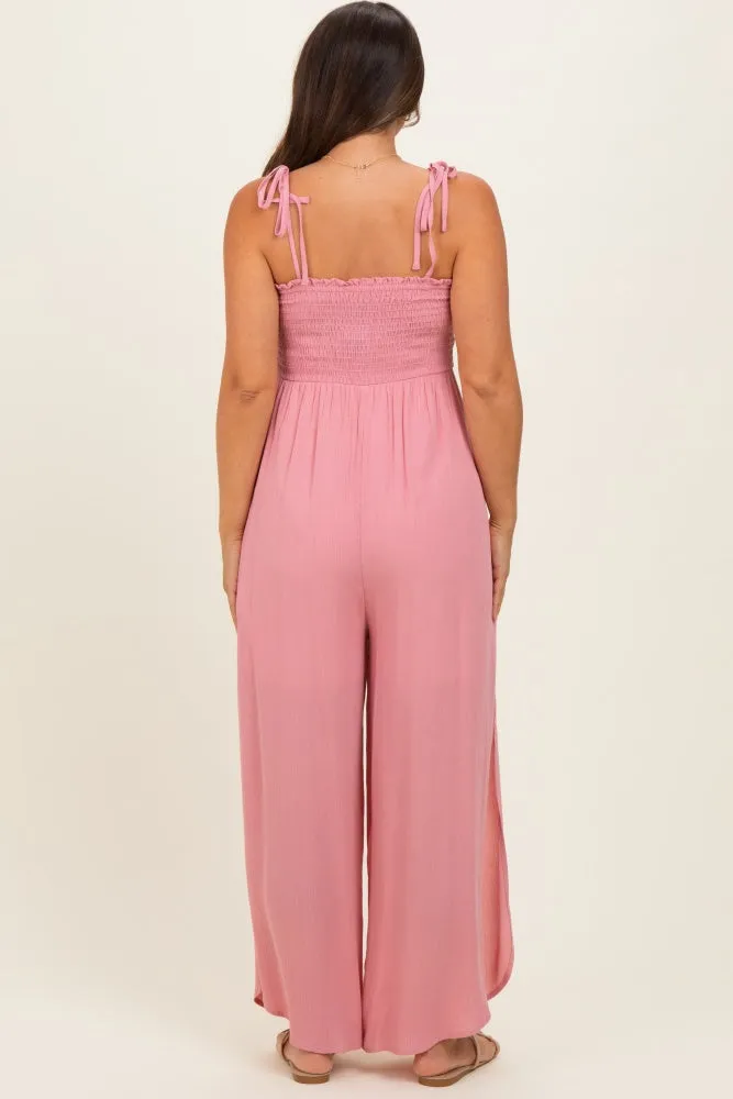 Mauve Smocked Wide Leg Adjustable Strap Maternity Jumpsuit sold by Pinkblush product image thumbnail 3