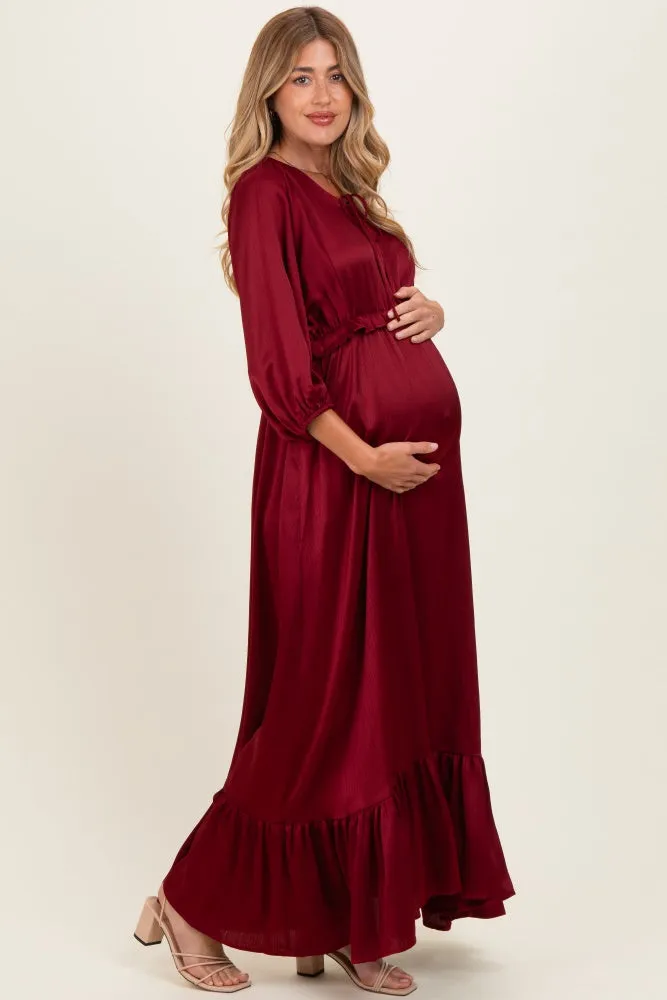 Burgundy Solid Satin Long Sleeve Open V-Neck Ruffle Waist Tiered Maternity Maxi Dress sold by Pinkblush product image thumbnail 2