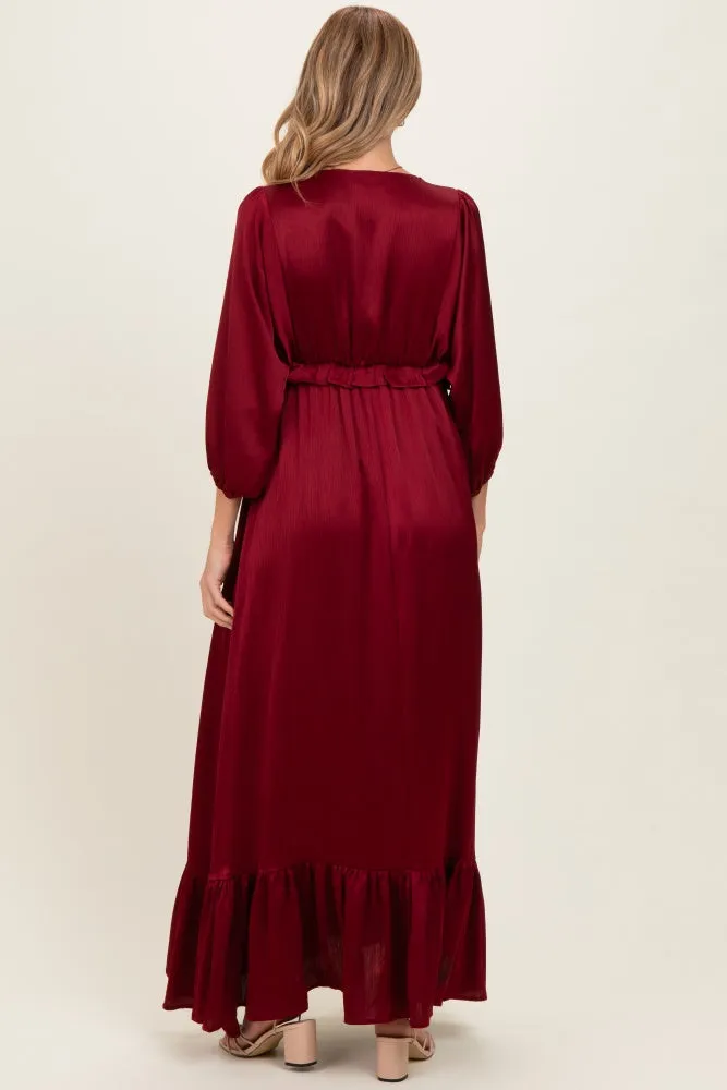 Burgundy Solid Satin Long Sleeve Open V-Neck Ruffle Waist Tiered Maternity Maxi Dress sold by Pinkblush product image thumbnail 3