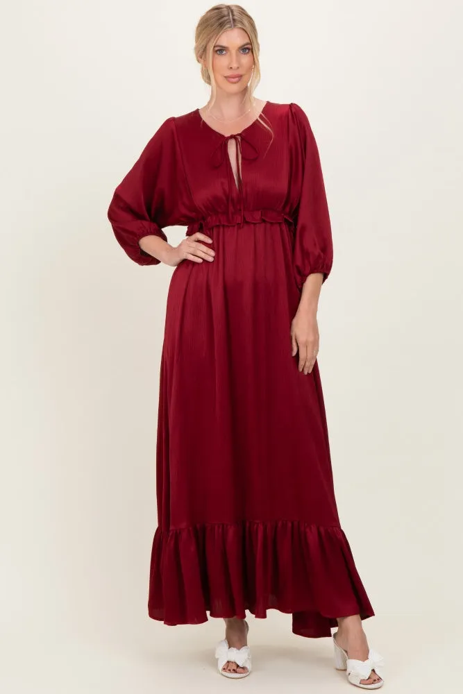 Burgundy Solid Satin Long Sleeve Open V-Neck Ruffle Waist Tiered Maternity Maxi Dress sold by Pinkblush product image thumbnail 4