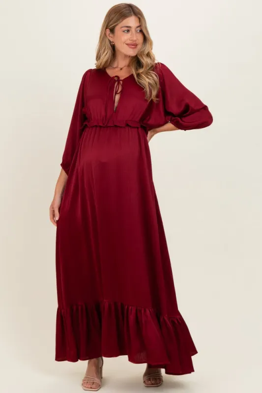 Burgundy Solid Satin Long Sleeve Open V-Neck Ruffle Waist Tiered Maternity Maxi Dress made by Pinkblush