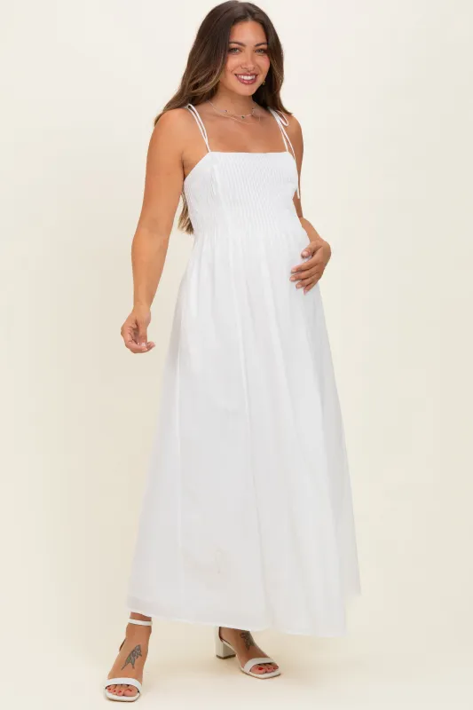 White Cotton Pintuck Tie Strap Maternity Maxi Dress made by BE COOL