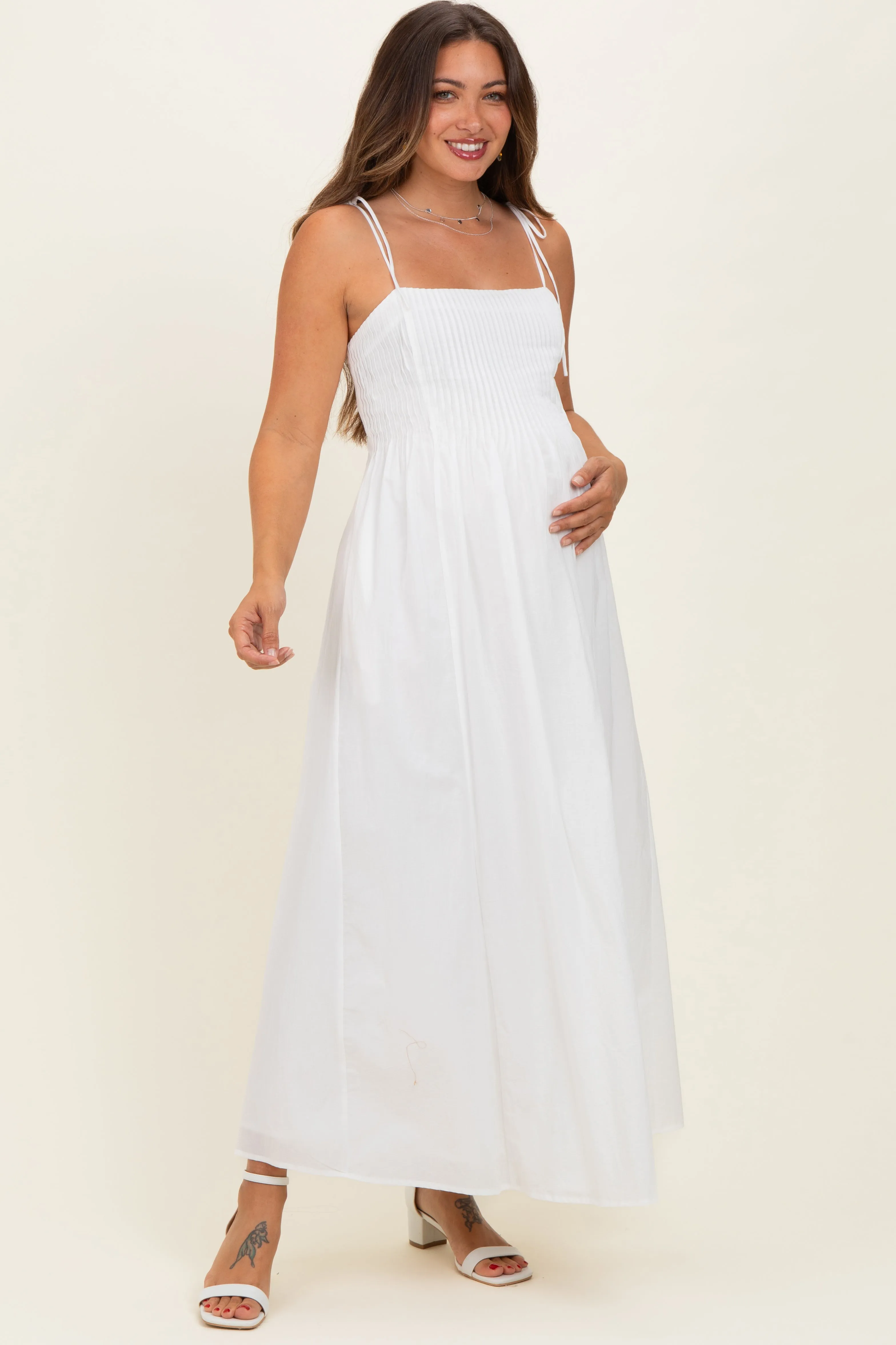 White Cotton Pintuck Tie Strap Maternity Maxi Dress sold by Pinkblush