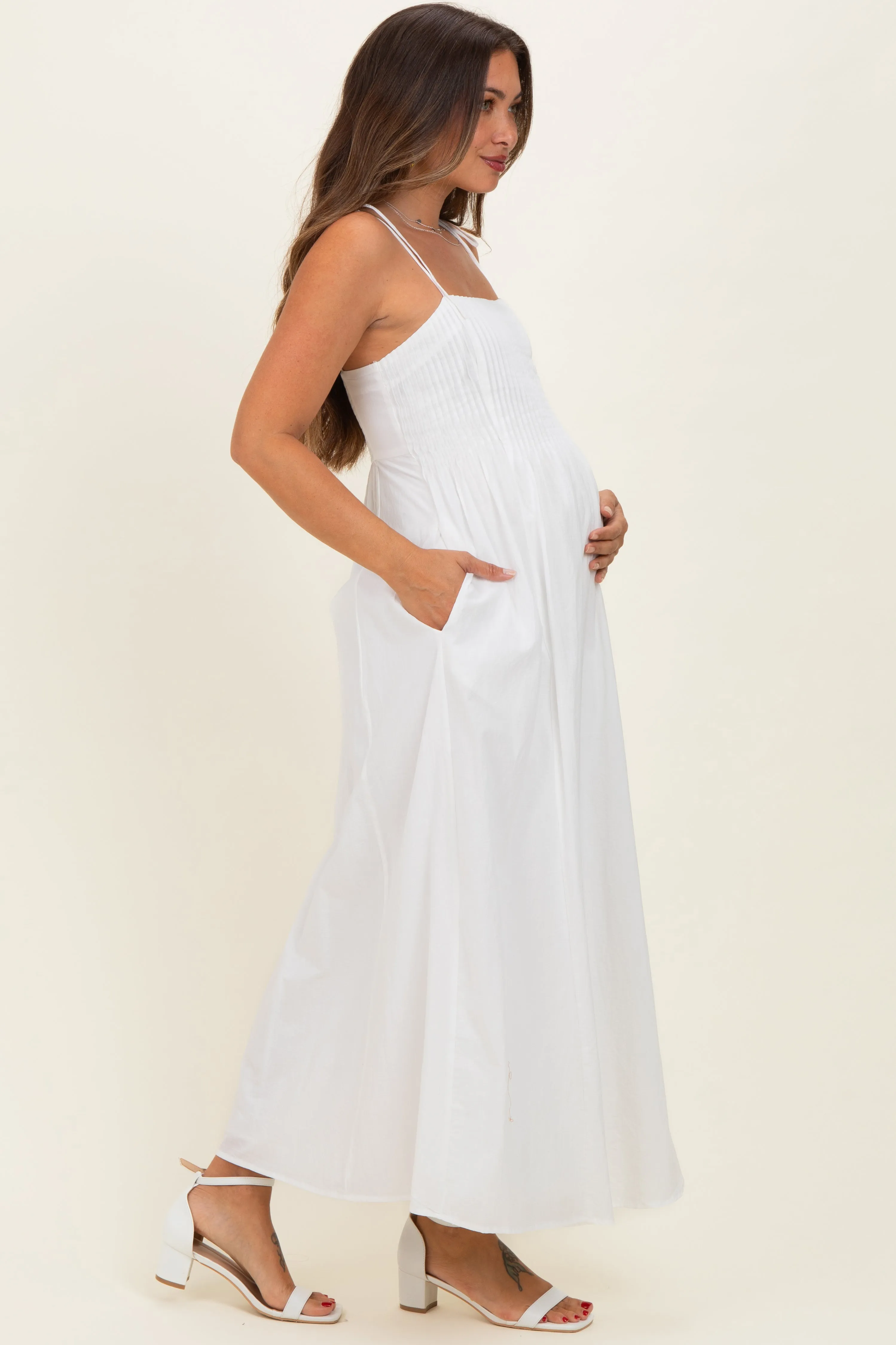 White Cotton Pintuck Tie Strap Maternity Maxi Dress sold by Pinkblush product image thumbnail 2