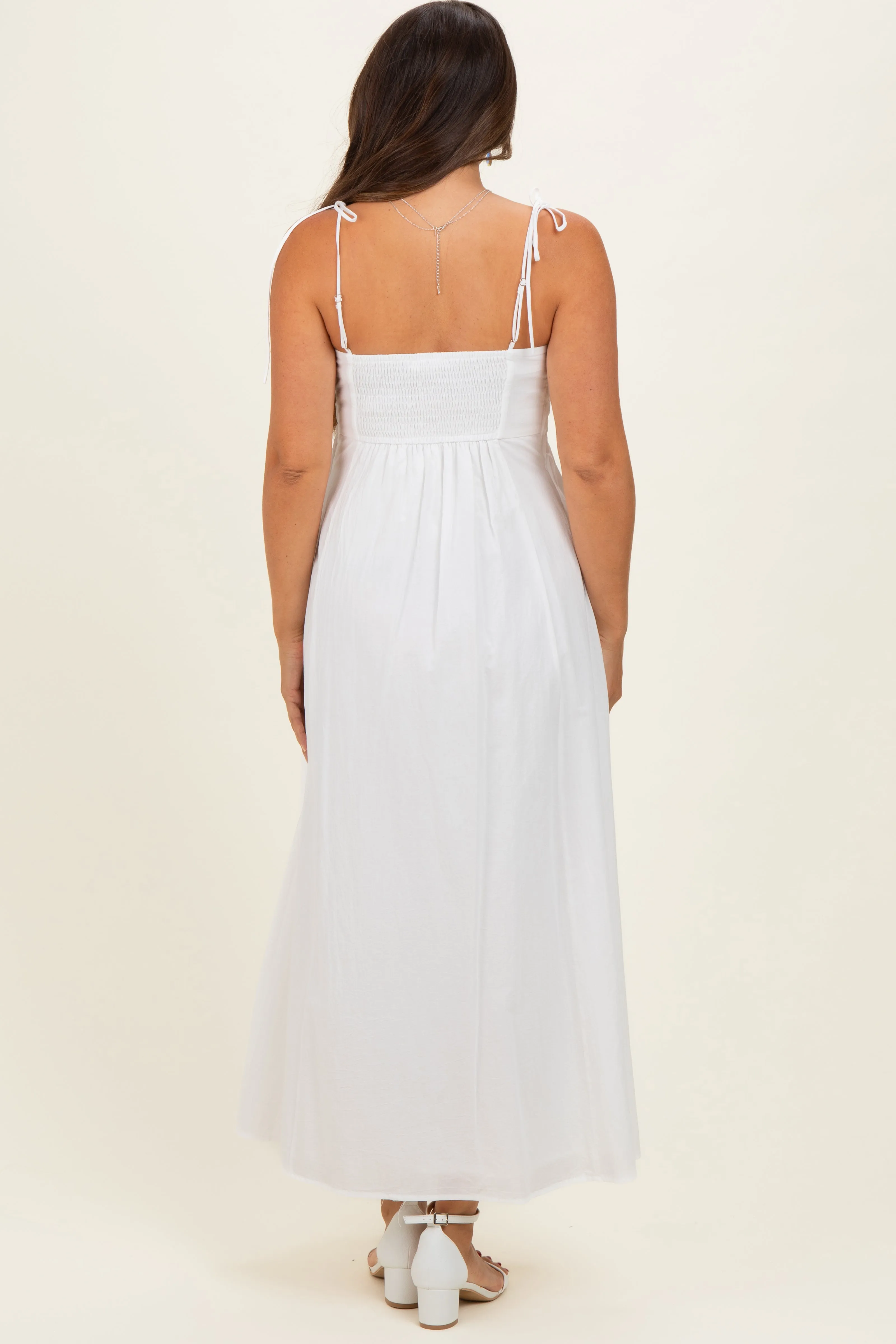 White Cotton Pintuck Tie Strap Maternity Maxi Dress sold by Pinkblush product image thumbnail 3