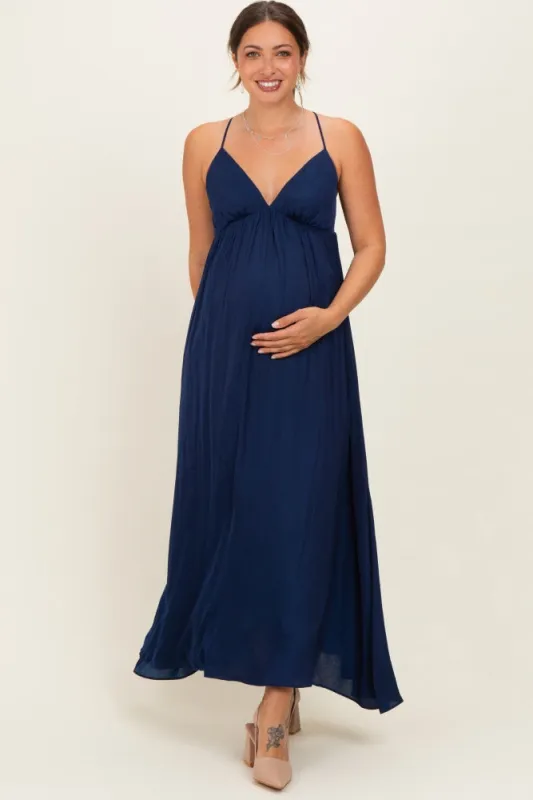 Navy V-Neck Open Back Maternity Maxi Dress made by Naked Zebra