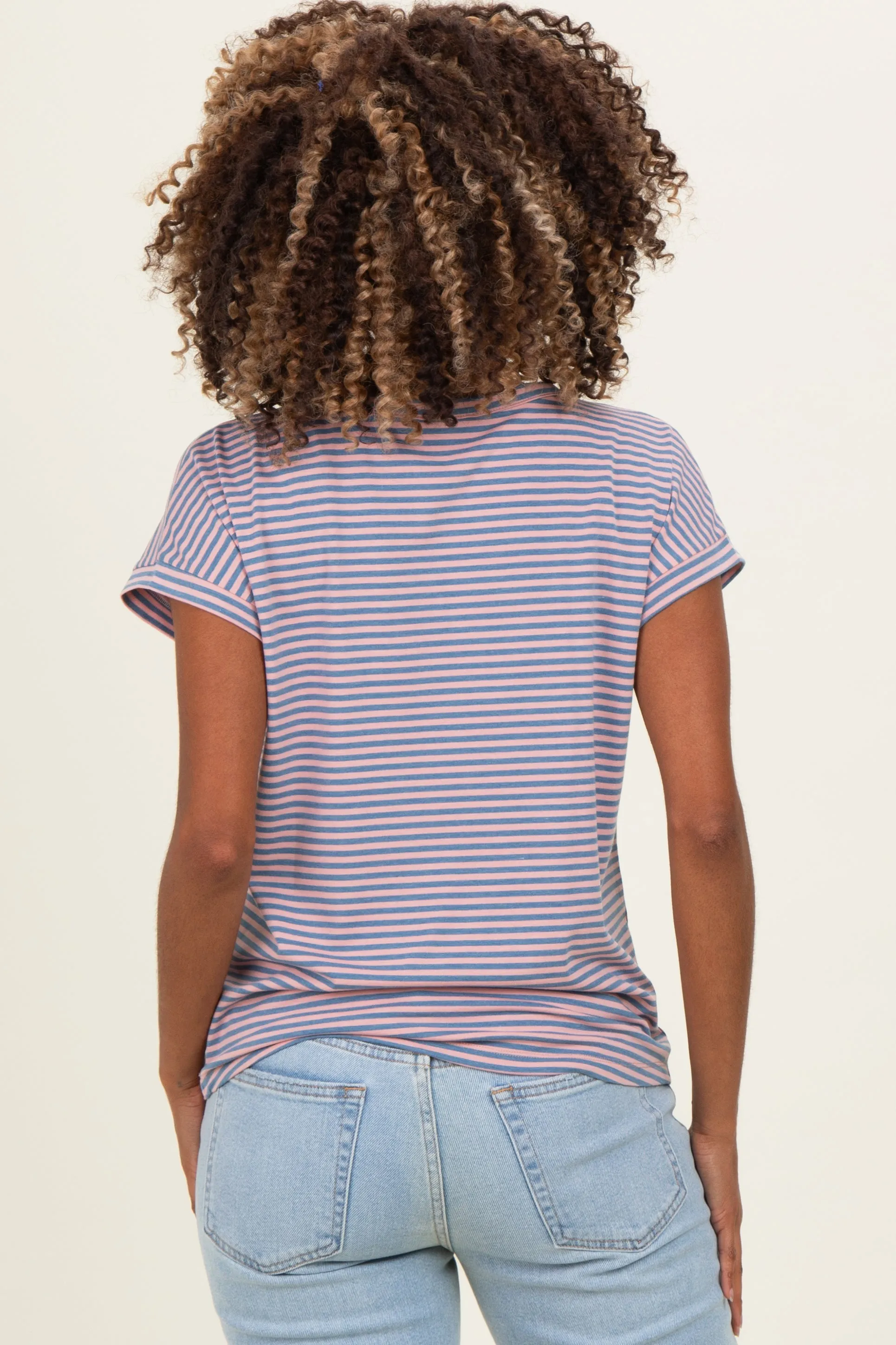 Pink Blue Striped V-Neck Short Sleeve Maternity Top sold by Pinkblush product image thumbnail 3
