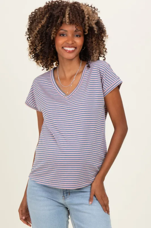 Pink Blue Striped V-Neck Short Sleeve Maternity Top made by Staccato