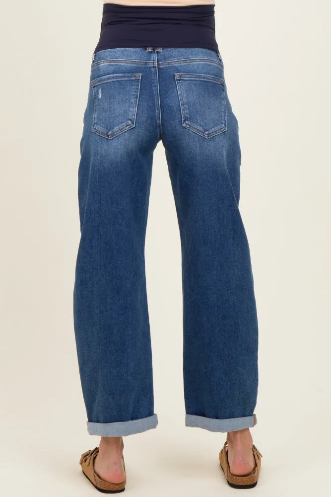 Navy Distressed Rolled Hem Barrel Leg Maternity Jeans sold by Pinkblush product image thumbnail 5