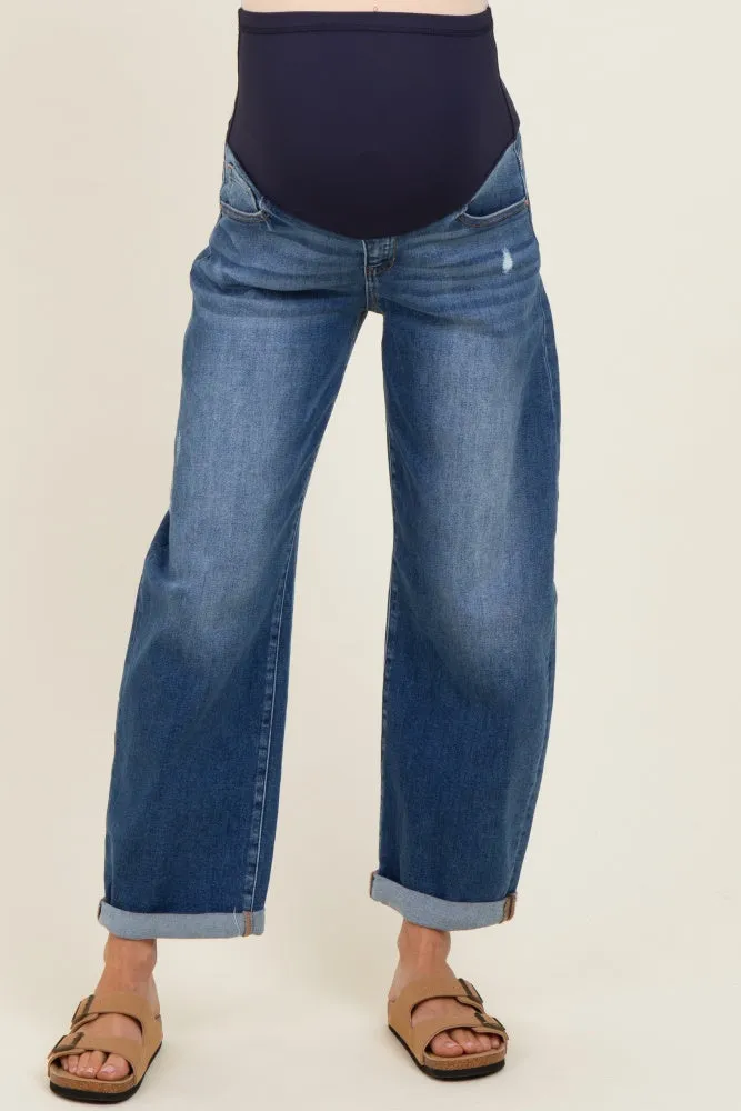 Navy Distressed Rolled Hem Barrel Leg Maternity Jeans sold by Pinkblush product image thumbnail 3