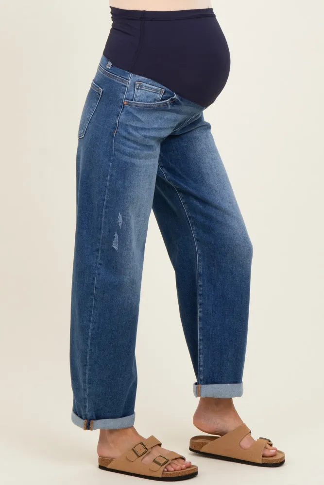Navy Distressed Rolled Hem Barrel Leg Maternity Jeans sold by Pinkblush product image thumbnail 4