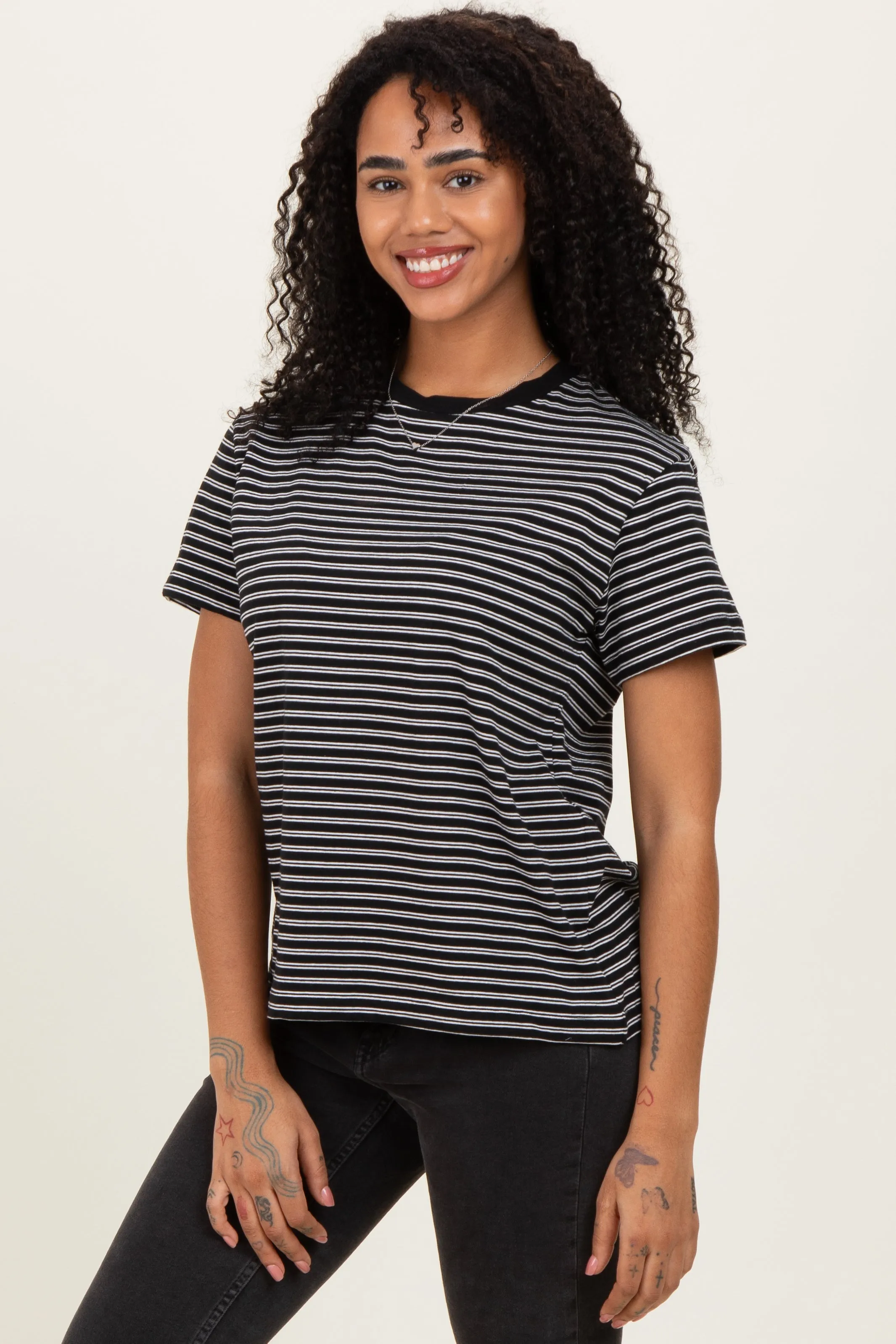 Black/White Short Sleeve Round Neck Stripe Tee sold by Pinkblush product image thumbnail 3
