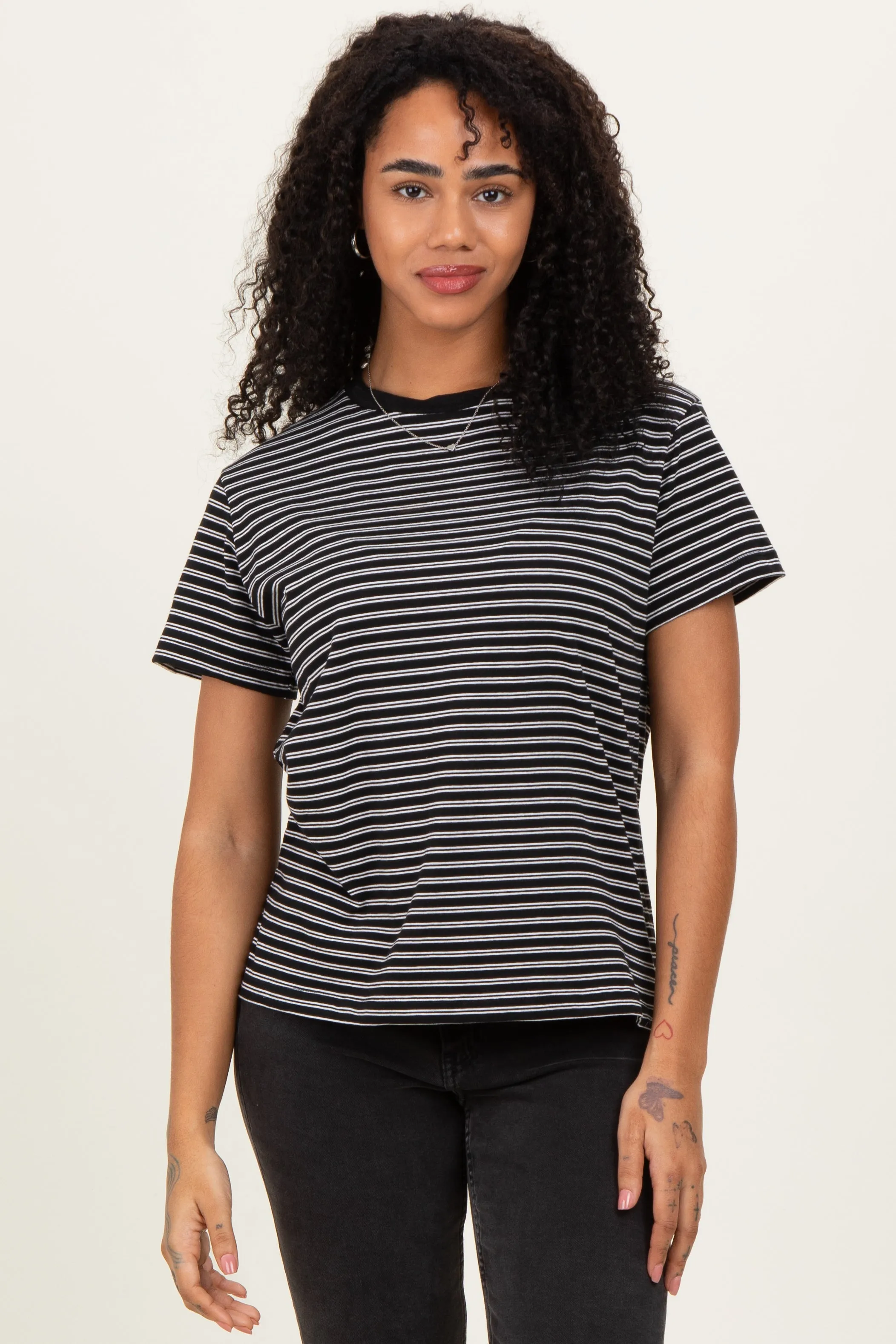 Black/White Short Sleeve Round Neck Stripe Tee sold by Pinkblush