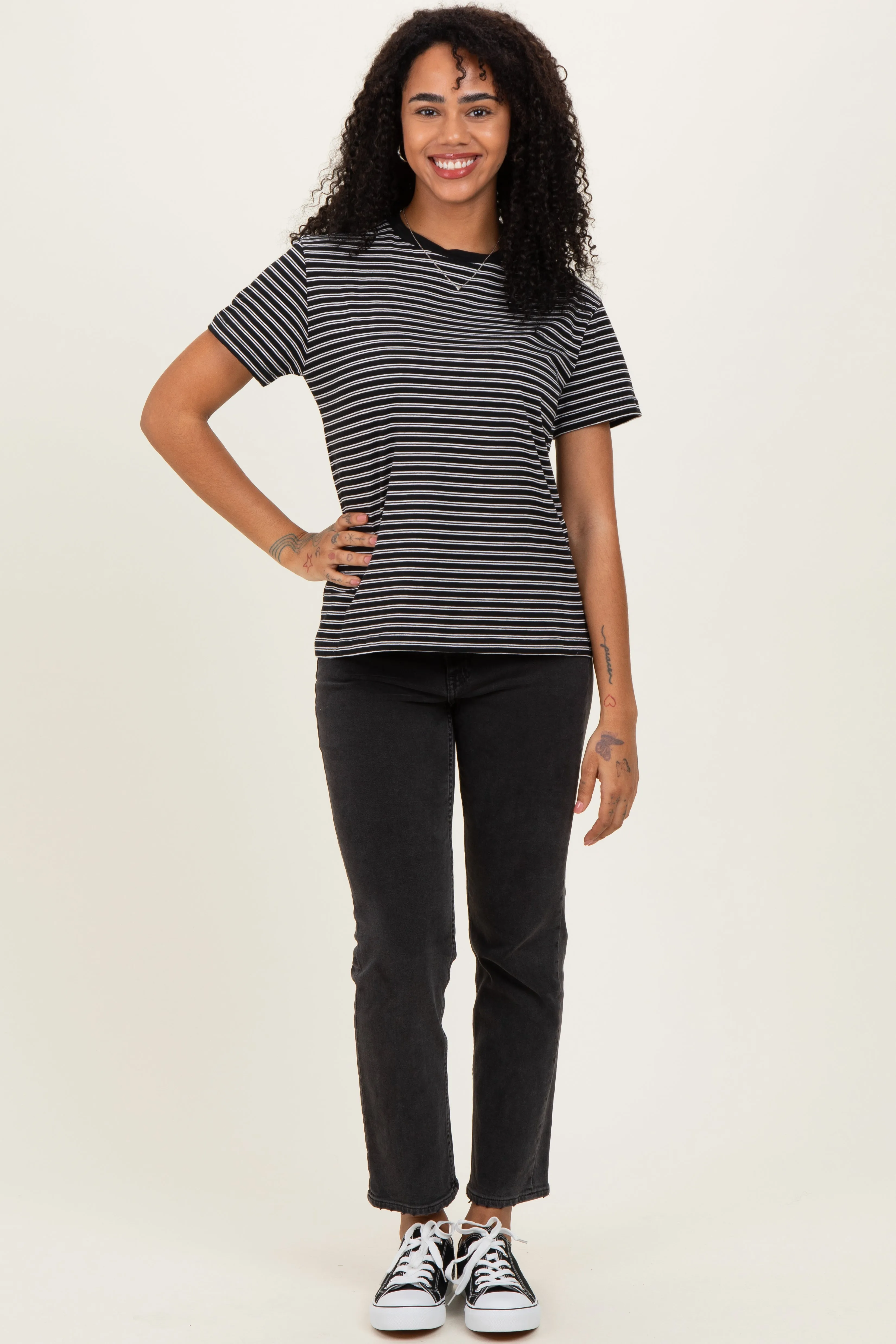 Black/White Short Sleeve Round Neck Stripe Tee sold by Pinkblush product image thumbnail 2