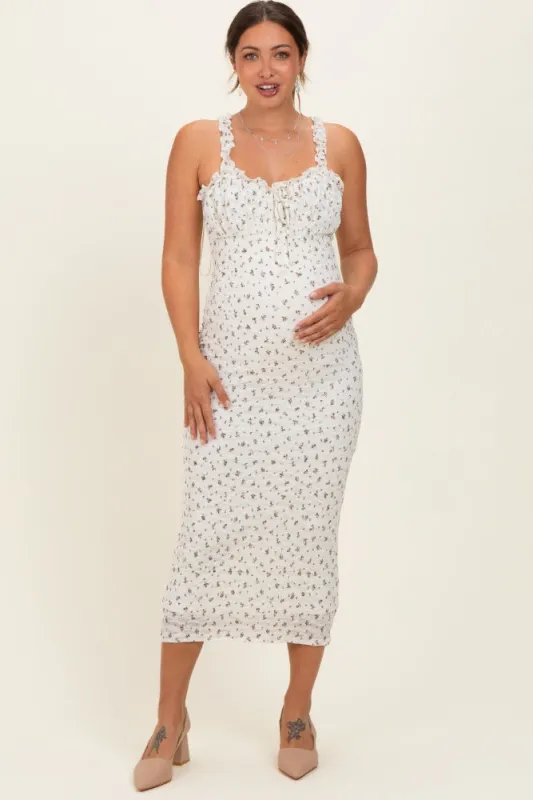 Ivory Floral Ruffle Strap Maternity Midi Dress made by Pinkblush