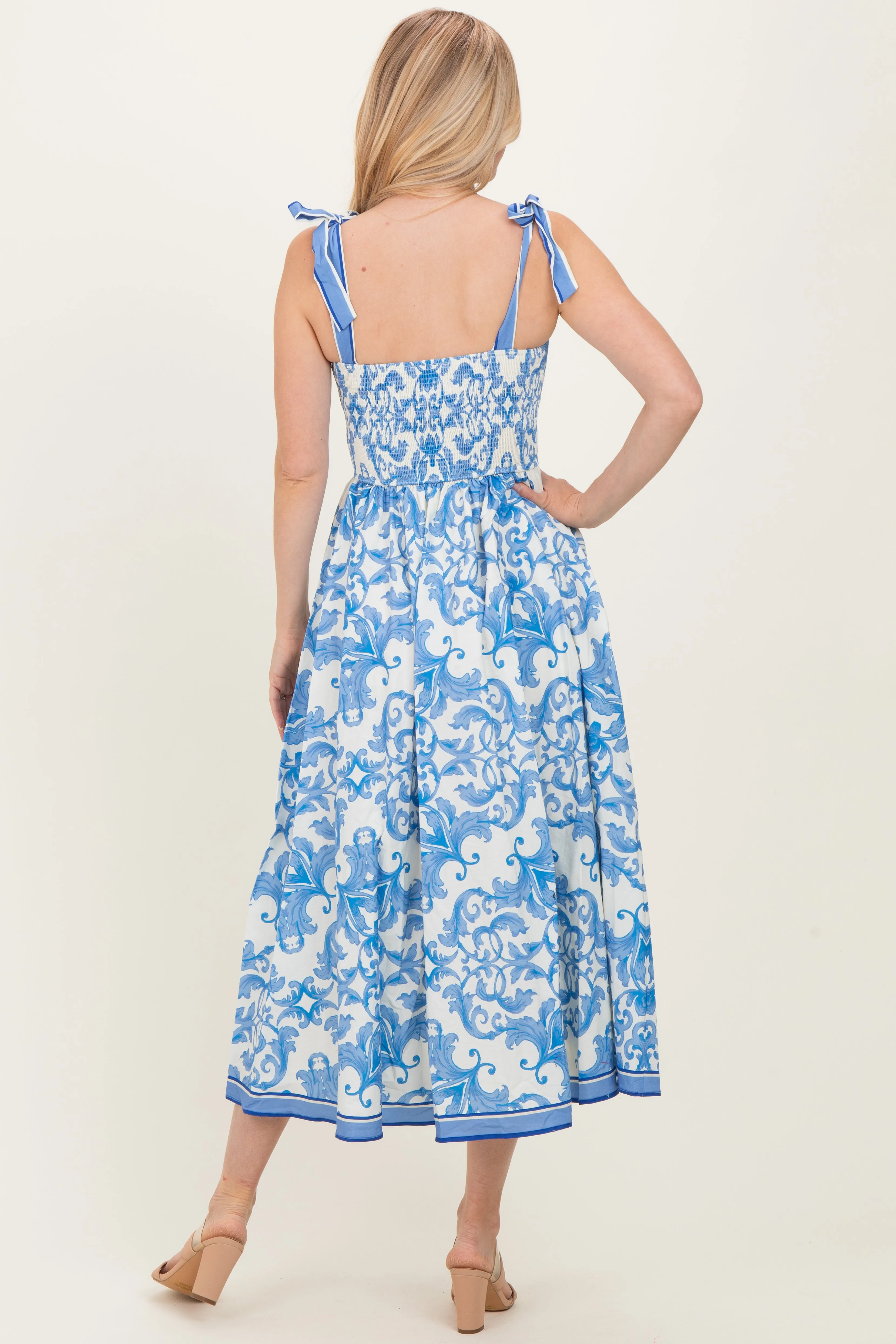 Blue Damask Shoulder Tie Midi Dress sold by Pinkblush product image thumbnail 4