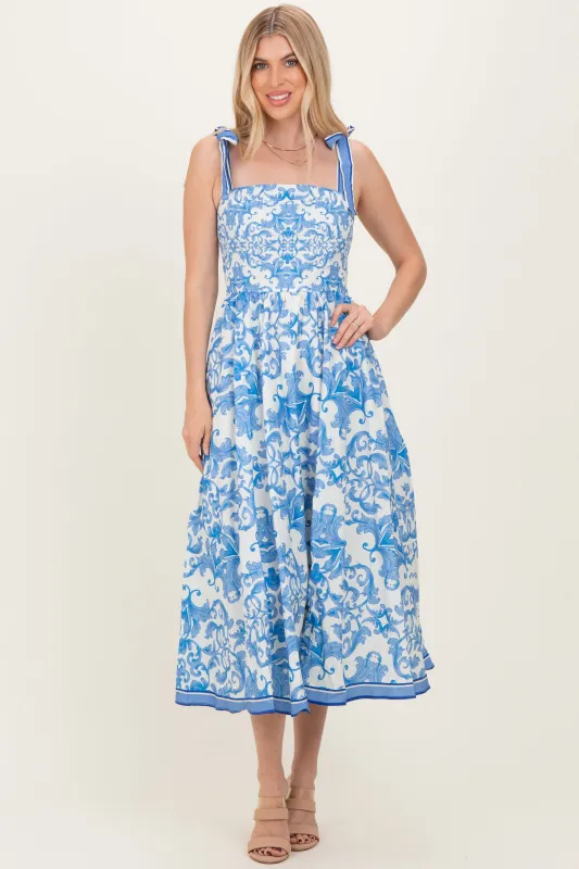 Blue Damask Shoulder Tie Midi Dress made by Flying Tomato
