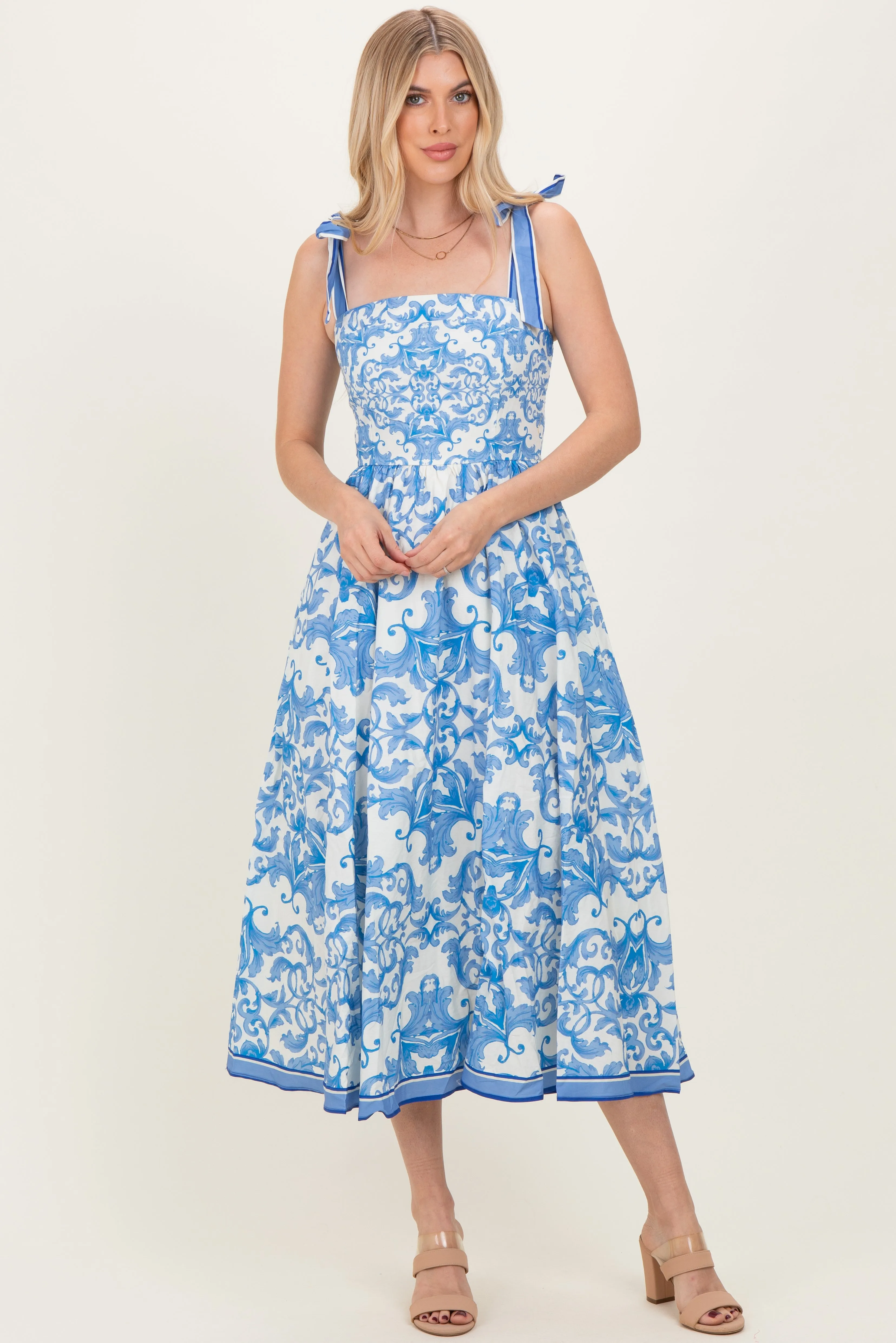 Blue Damask Shoulder Tie Midi Dress sold by Pinkblush product image thumbnail 2