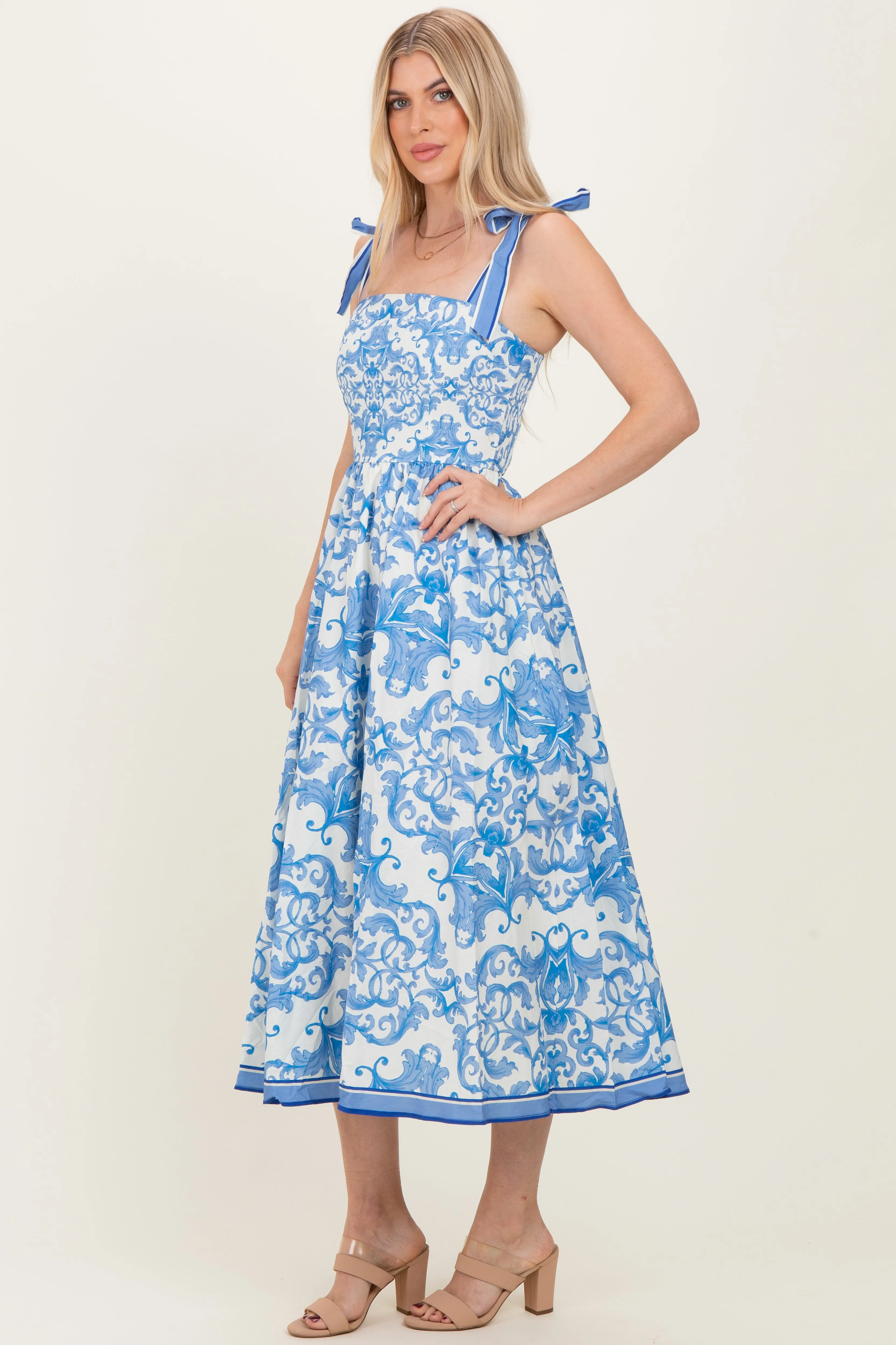 Blue Damask Shoulder Tie Midi Dress sold by Pinkblush product image thumbnail 3