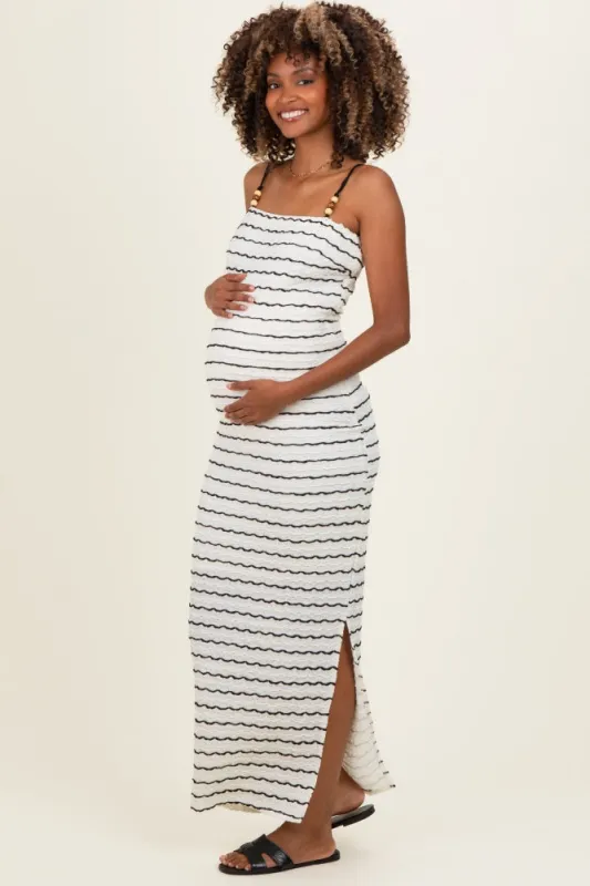 Off White Textured Stripe Beaded Strap Maternity Maxi Dress made by Hem & Thread