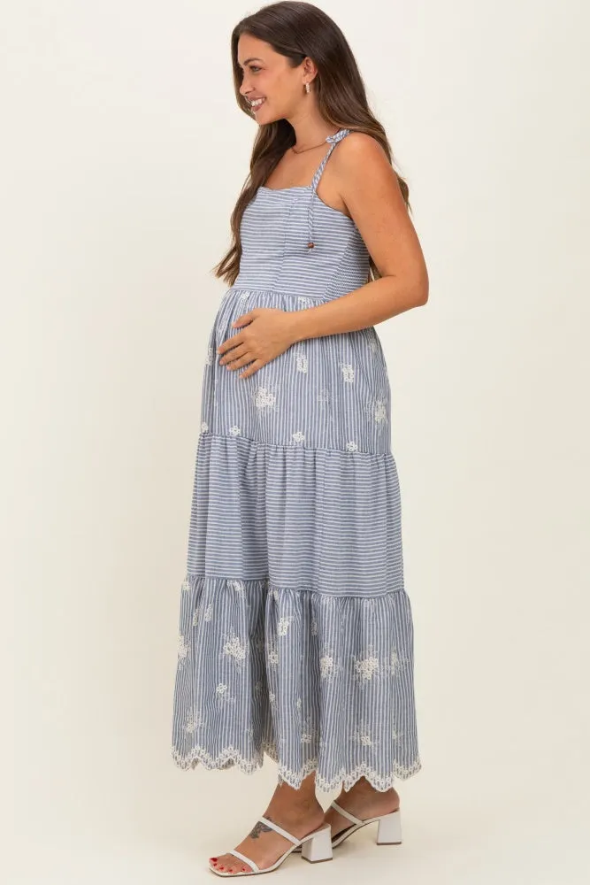 Navy Striped Embroidered Shoulder Tie Maternity Midi Dress sold by Pinkblush product image thumbnail 2