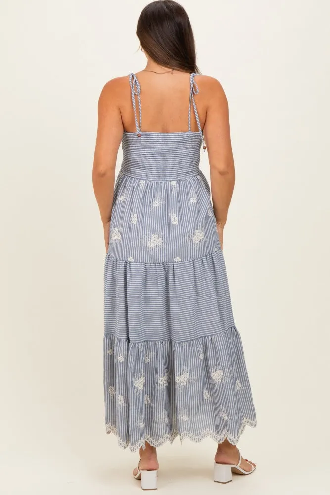 Navy Striped Embroidered Shoulder Tie Maternity Midi Dress sold by Pinkblush product image thumbnail 3