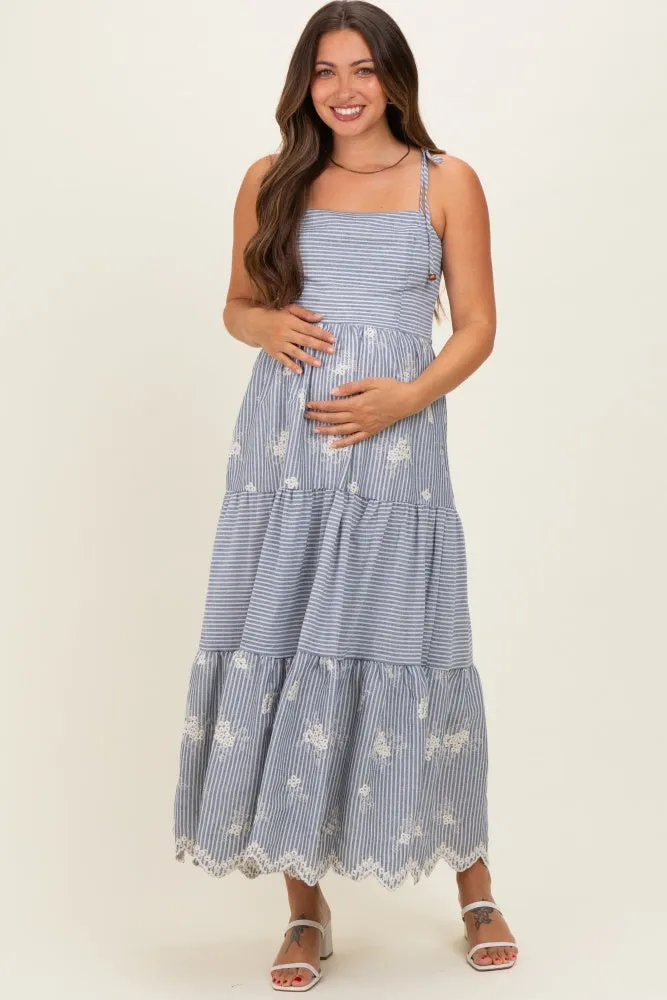 Navy Striped Embroidered Shoulder Tie Maternity Midi Dress sold by Pinkblush