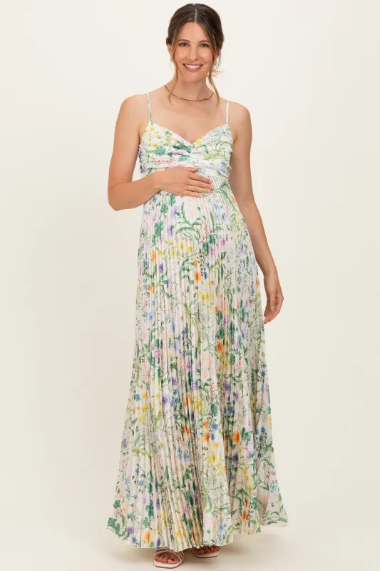 Ivory Floral Pleated Sleeveless Maternity Maxi Dress made by Aakaa