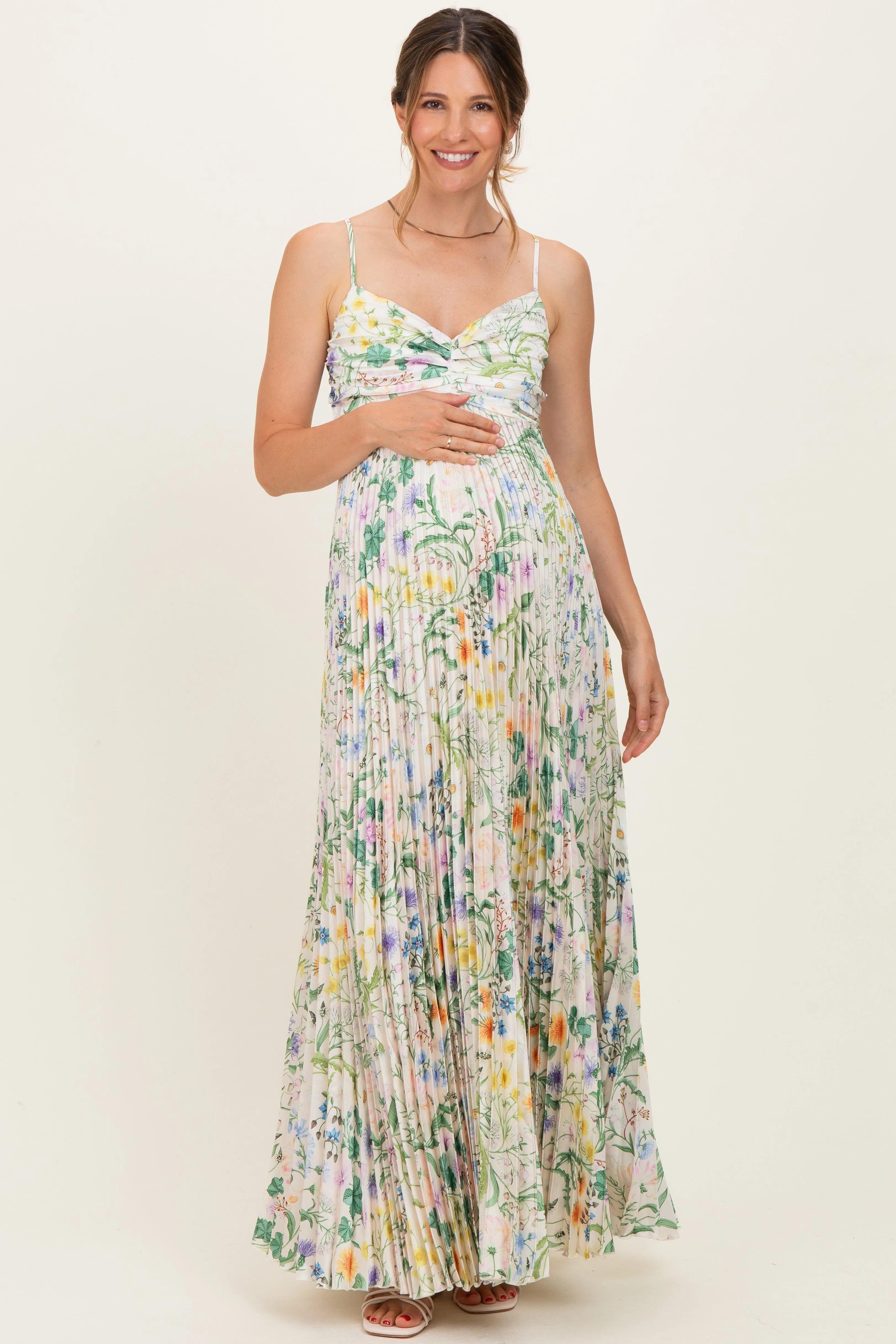Ivory Floral Pleated Sleeveless Maternity Maxi Dress sold by Pinkblush