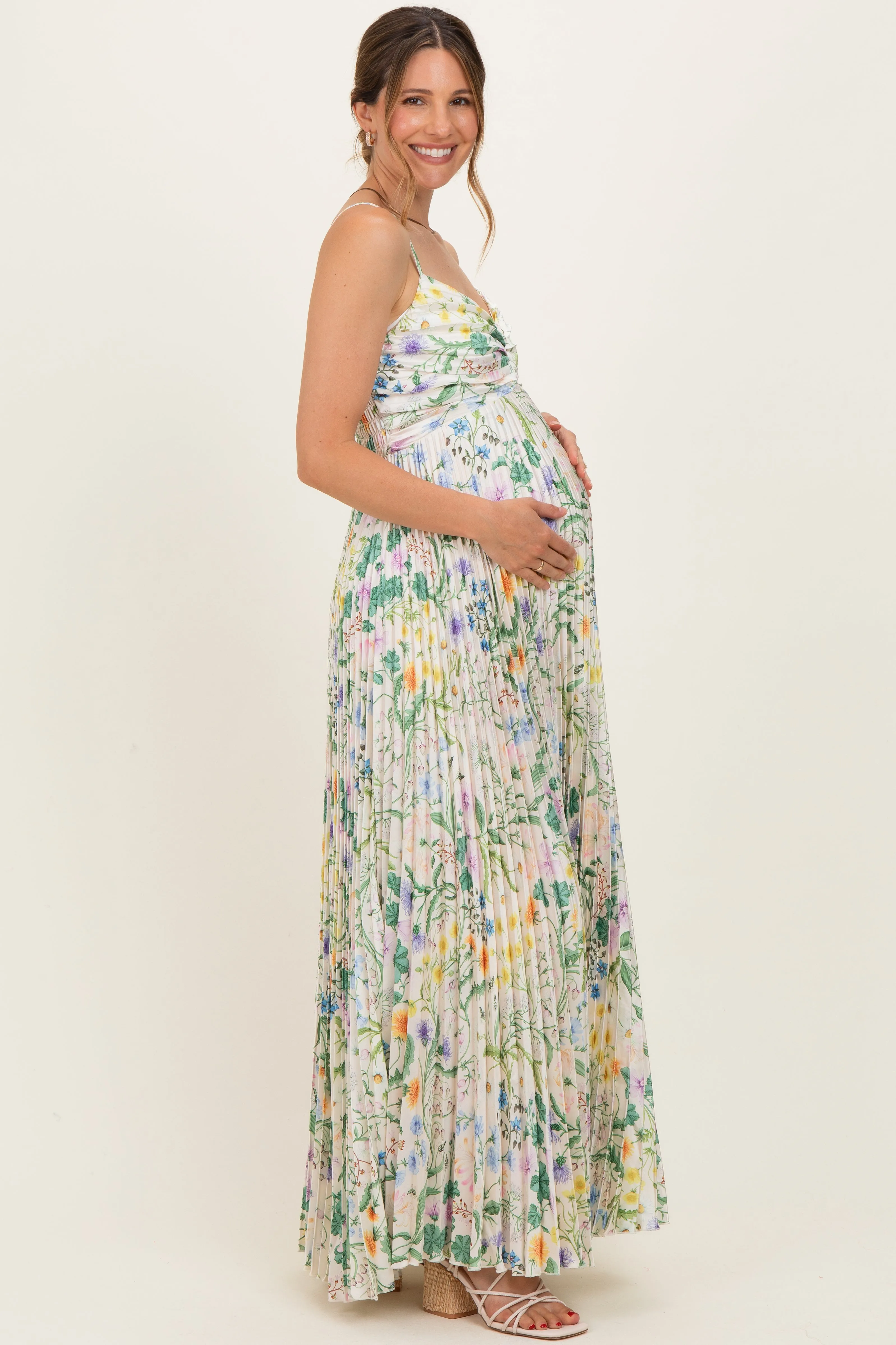 Ivory Floral Pleated Sleeveless Maternity Maxi Dress sold by Pinkblush product image thumbnail 2
