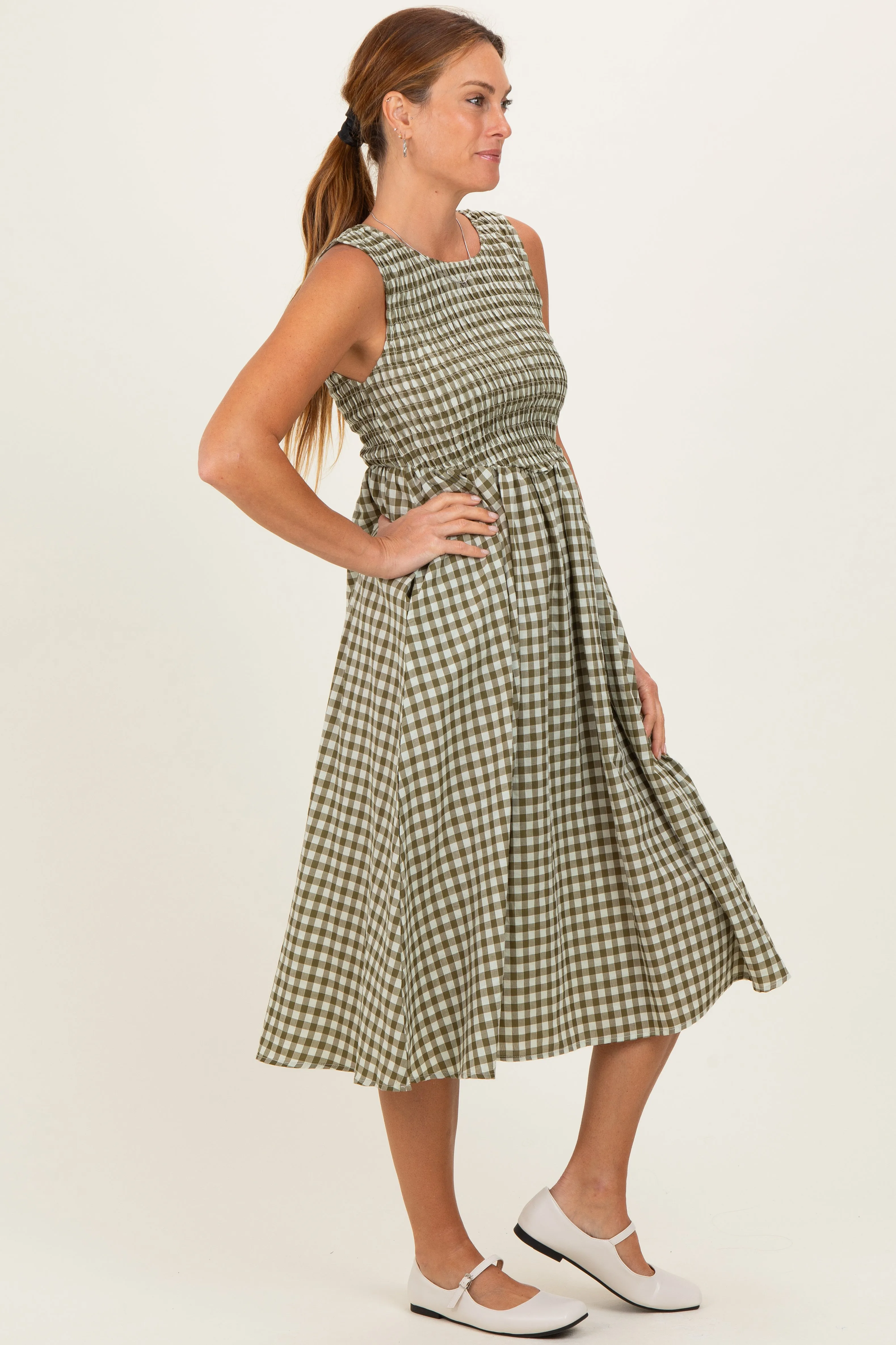 Olive Gingham Smocked Sleeveless Midi Dress sold by Pinkblush product image thumbnail 2