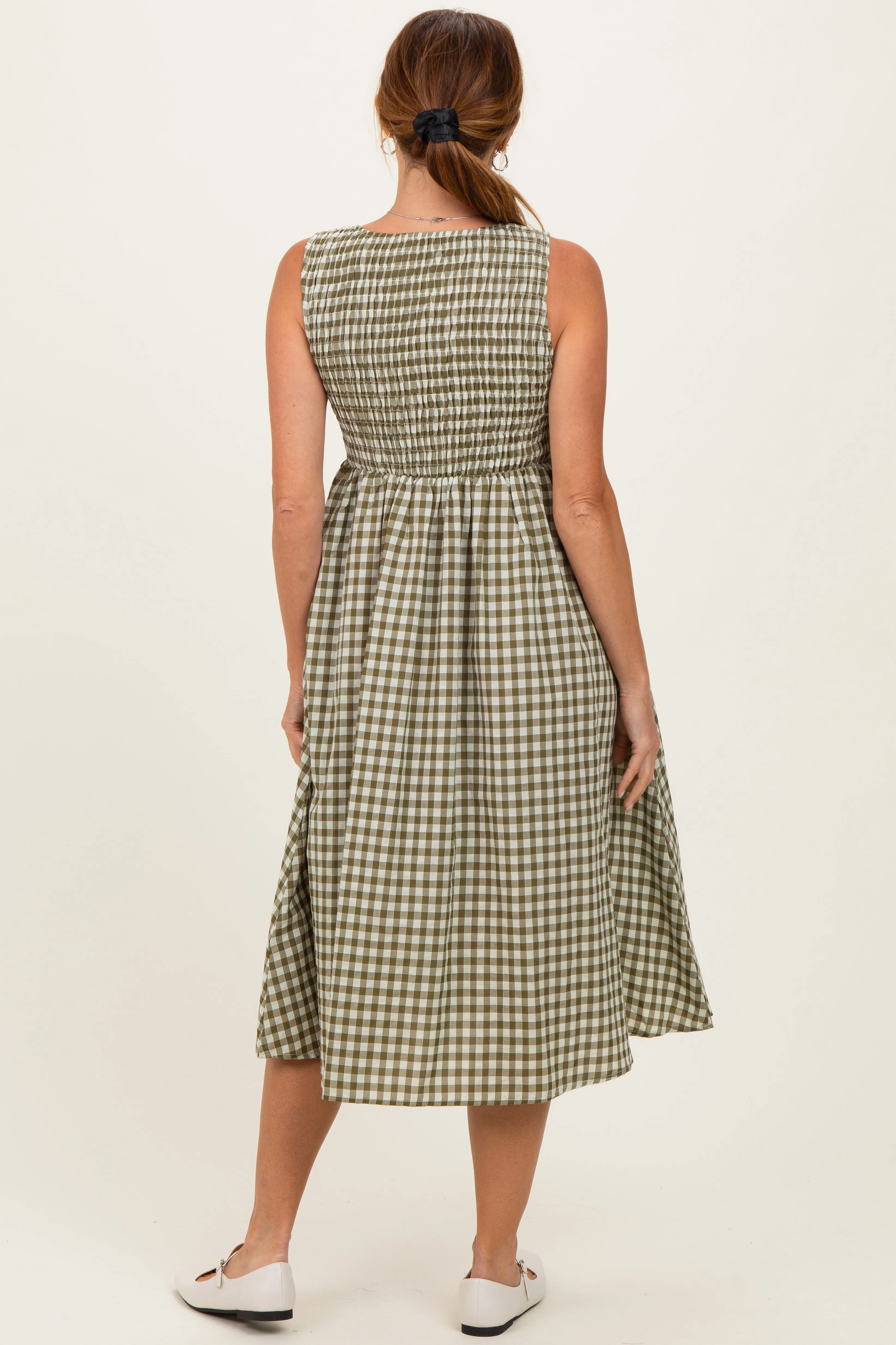 Olive Gingham Smocked Sleeveless Midi Dress sold by Pinkblush product image thumbnail 3