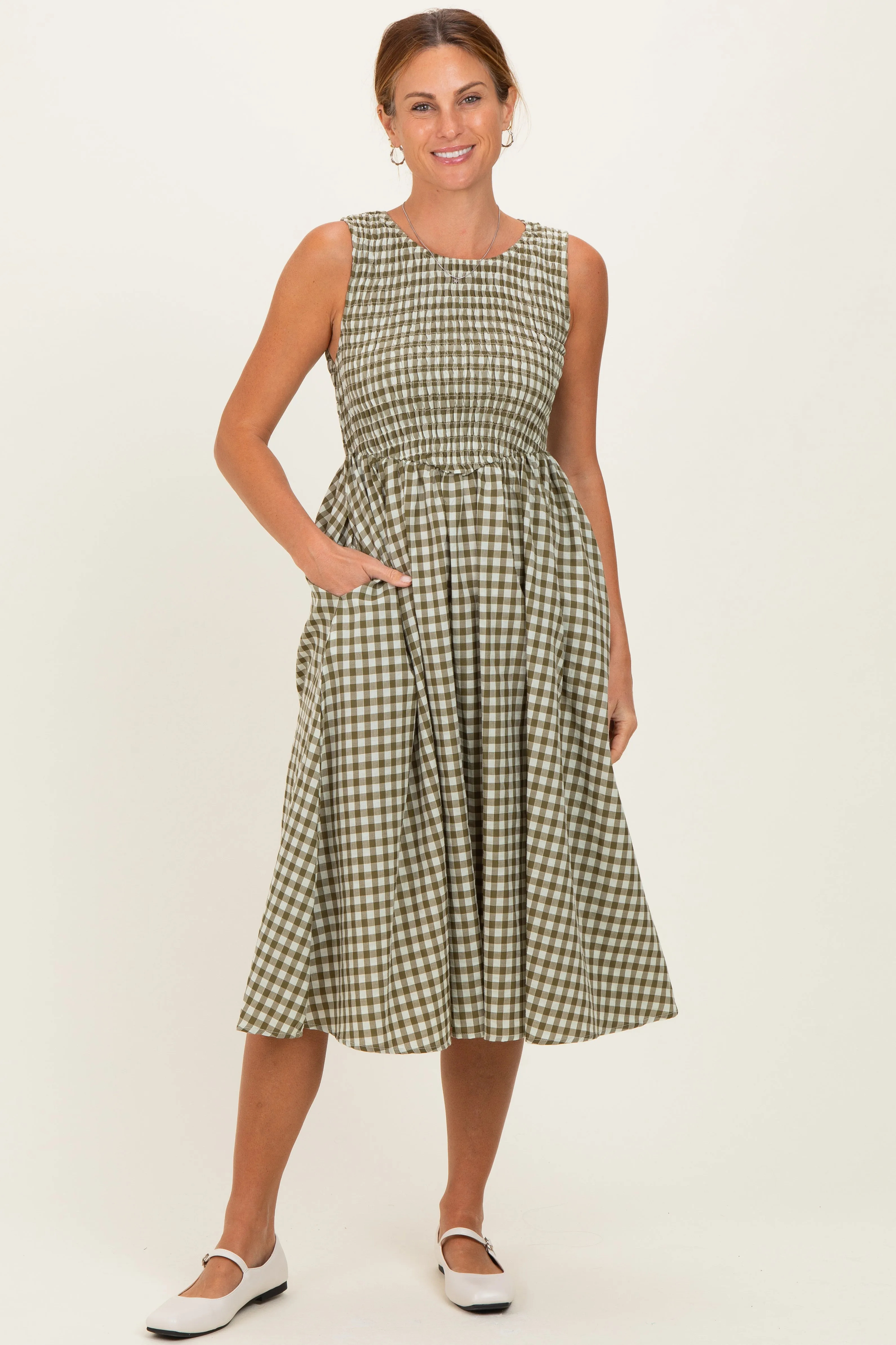 Olive Gingham Smocked Sleeveless Midi Dress sold by Pinkblush