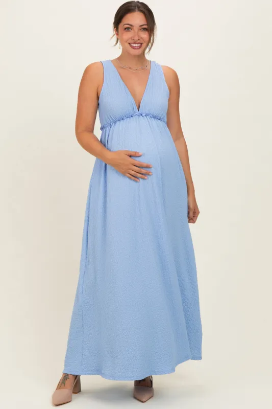 Light Blue Sleeveless Deep V-Neck Maternity Maxi Dress made by Pinkblush