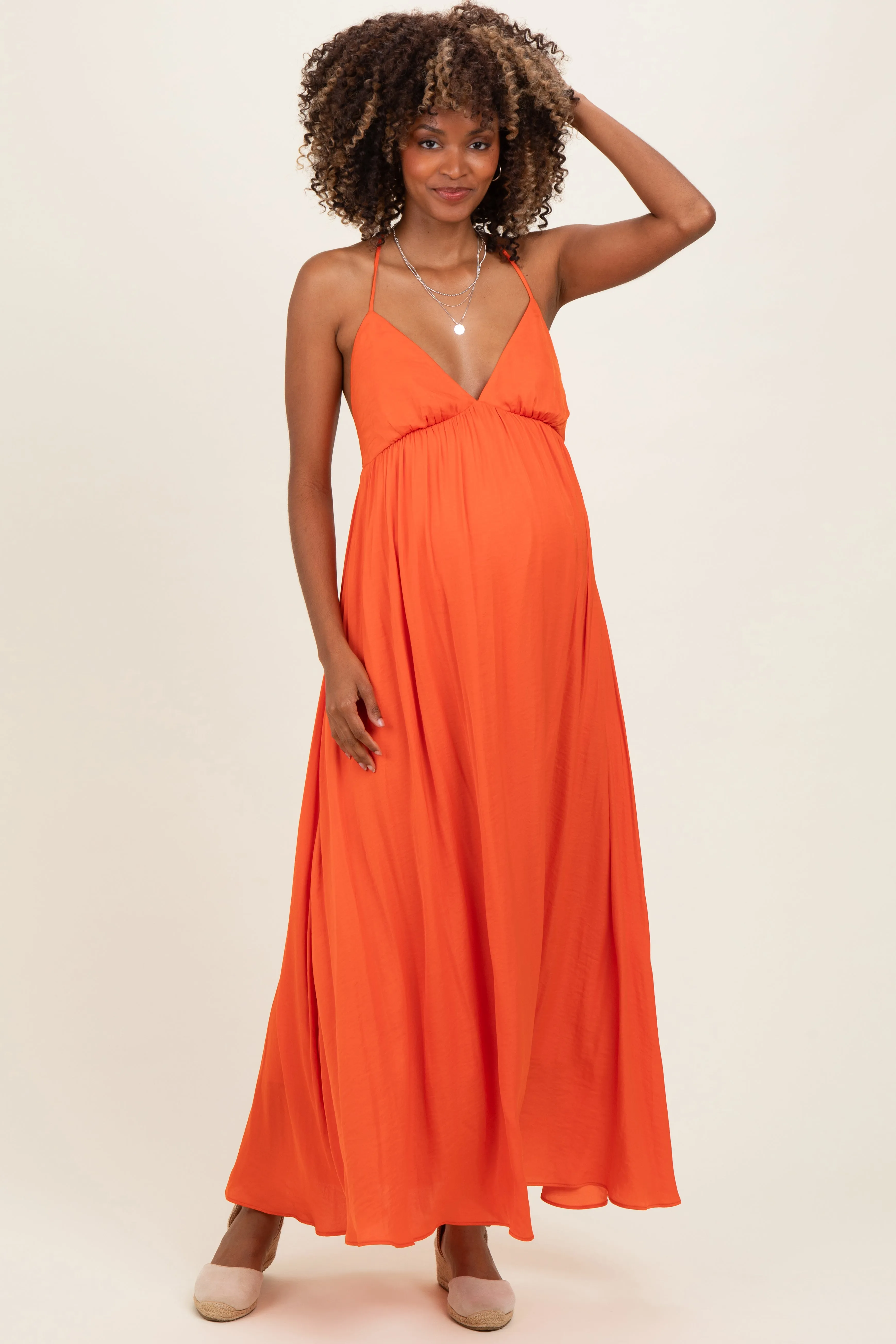 Orange V-Neck Open Back Maternity Maxi Dress sold by Pinkblush