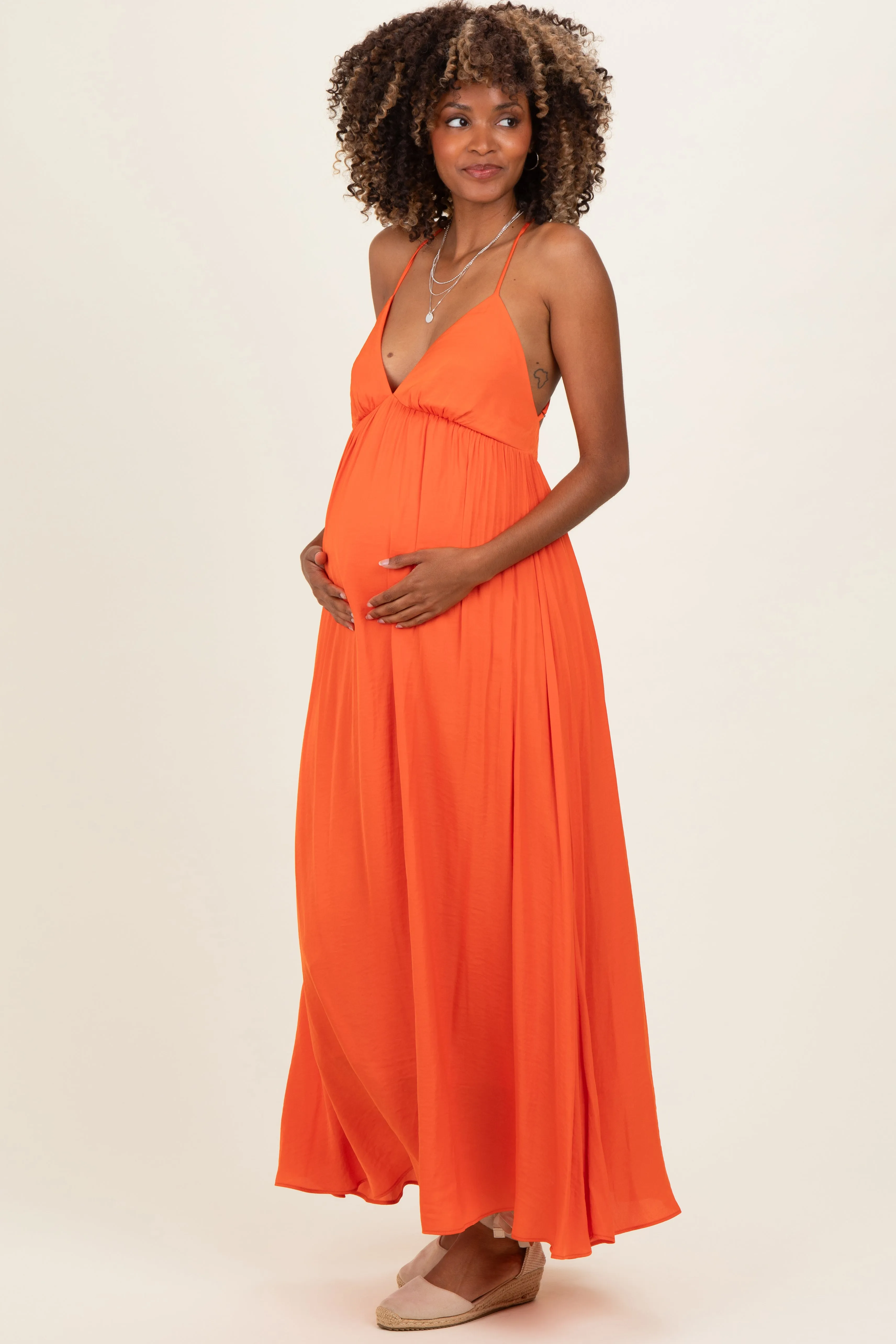Orange V-Neck Open Back Maternity Maxi Dress sold by Pinkblush product image thumbnail 2