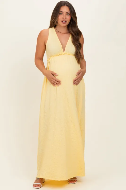 Yellow Sleeveless Deep V-Neck Maternity Maxi Dress made by Pinkblush
