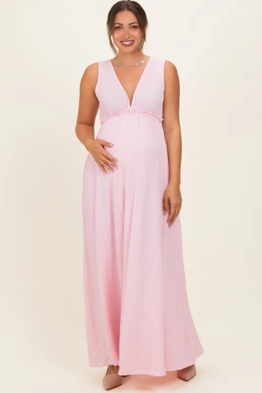 Light Pink Sleeveless Deep V-Neck Maternity Maxi Dress made by Pinkblush
