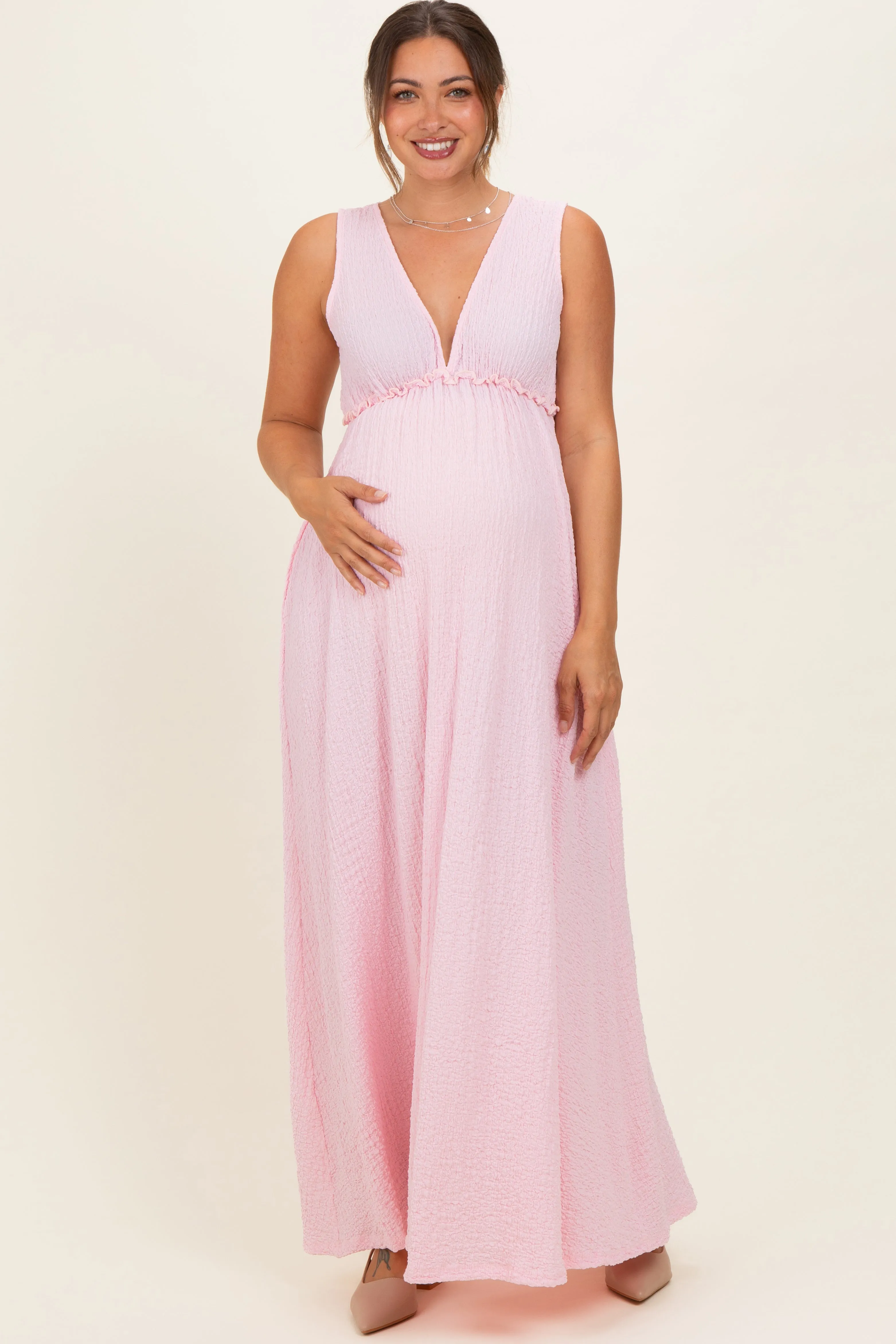 Light Pink Sleeveless Deep V-Neck Maternity Maxi Dress sold by Pinkblush