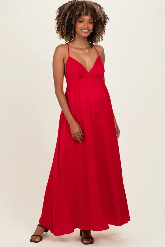 Red V-Neck Open Back Maternity Maxi Dress made by Naked Zebra