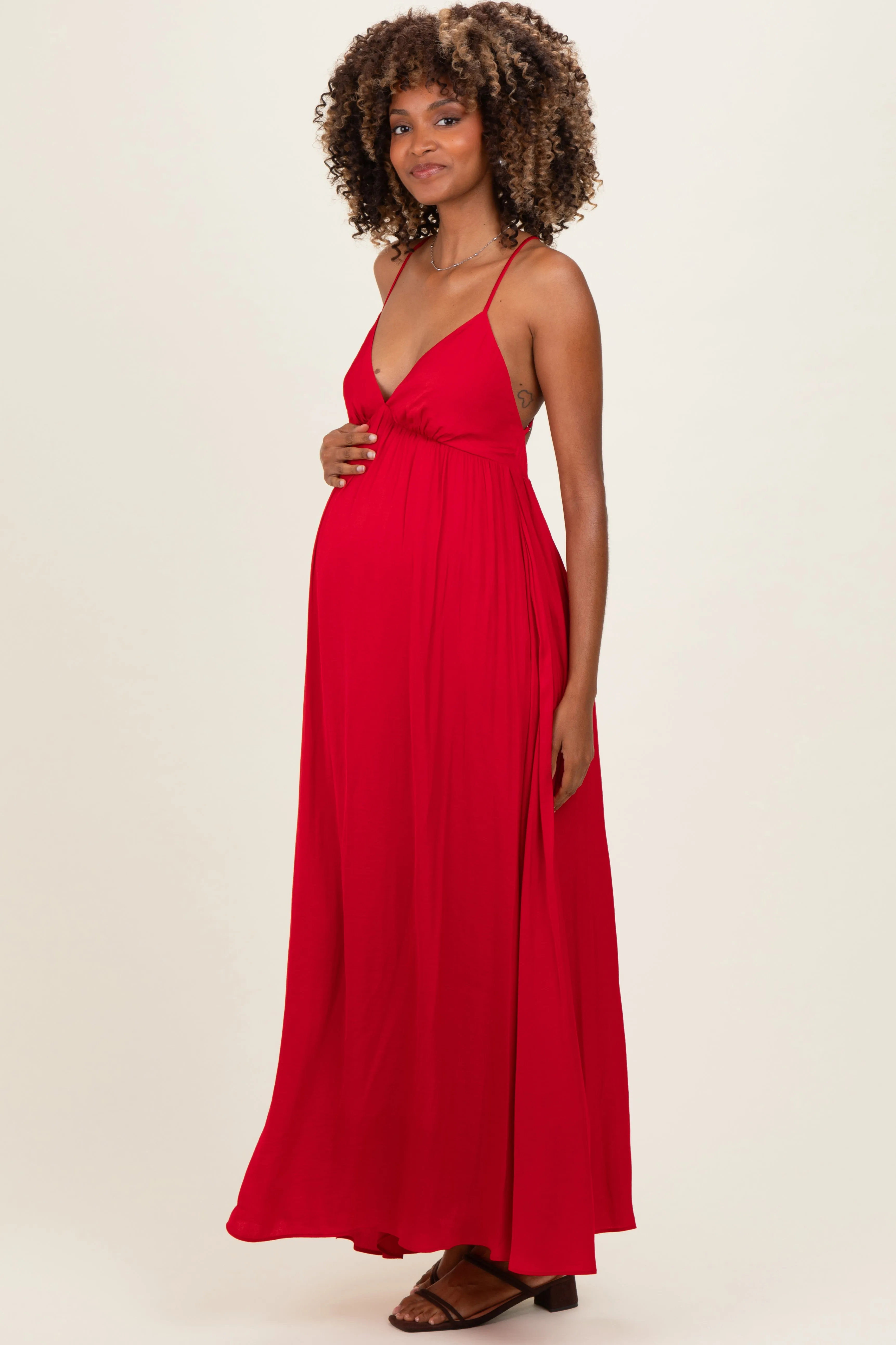 Red V-Neck Open Back Maternity Maxi Dress sold by Pinkblush product image thumbnail 2
