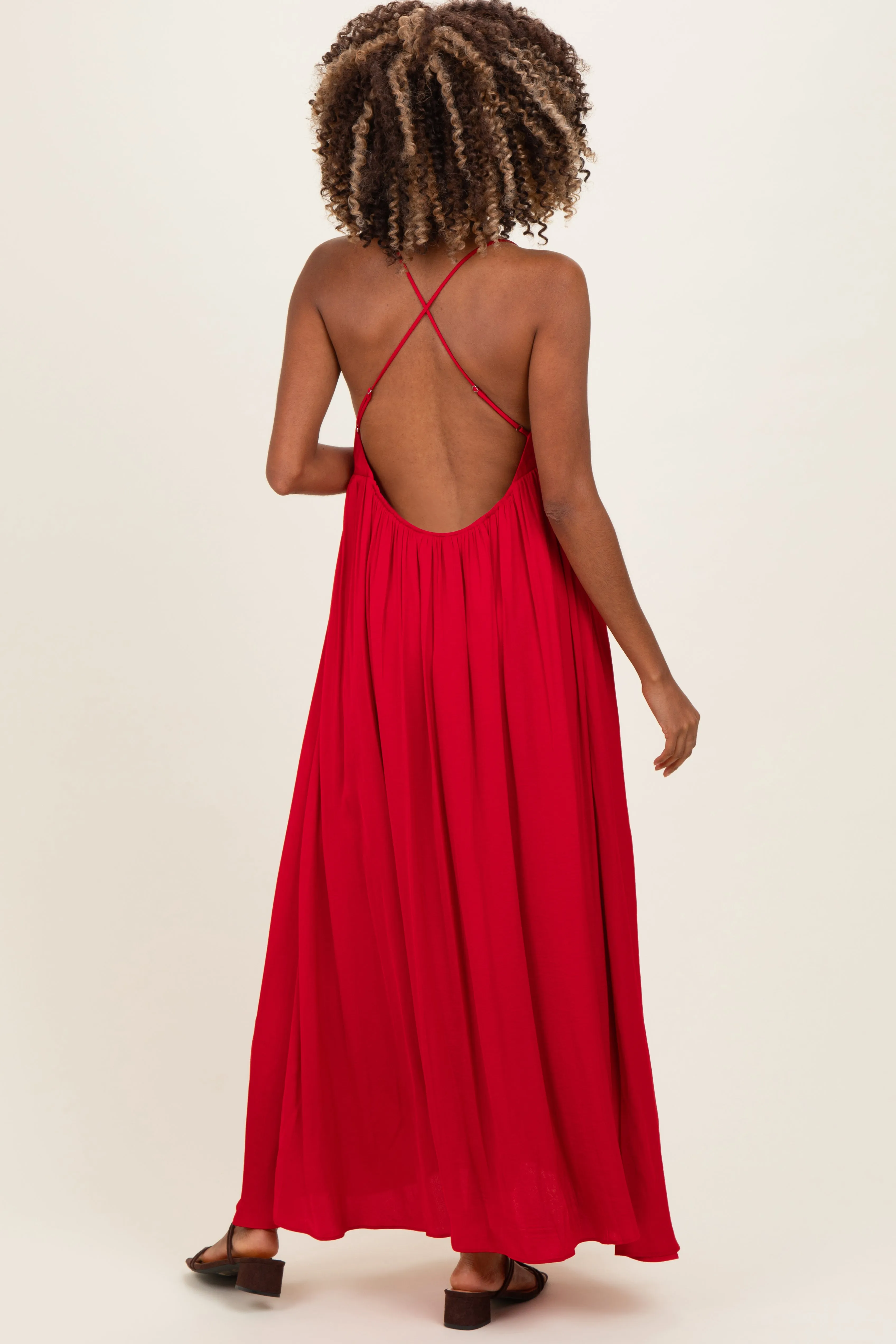 Red V-Neck Open Back Maternity Maxi Dress sold by Pinkblush product image thumbnail 3