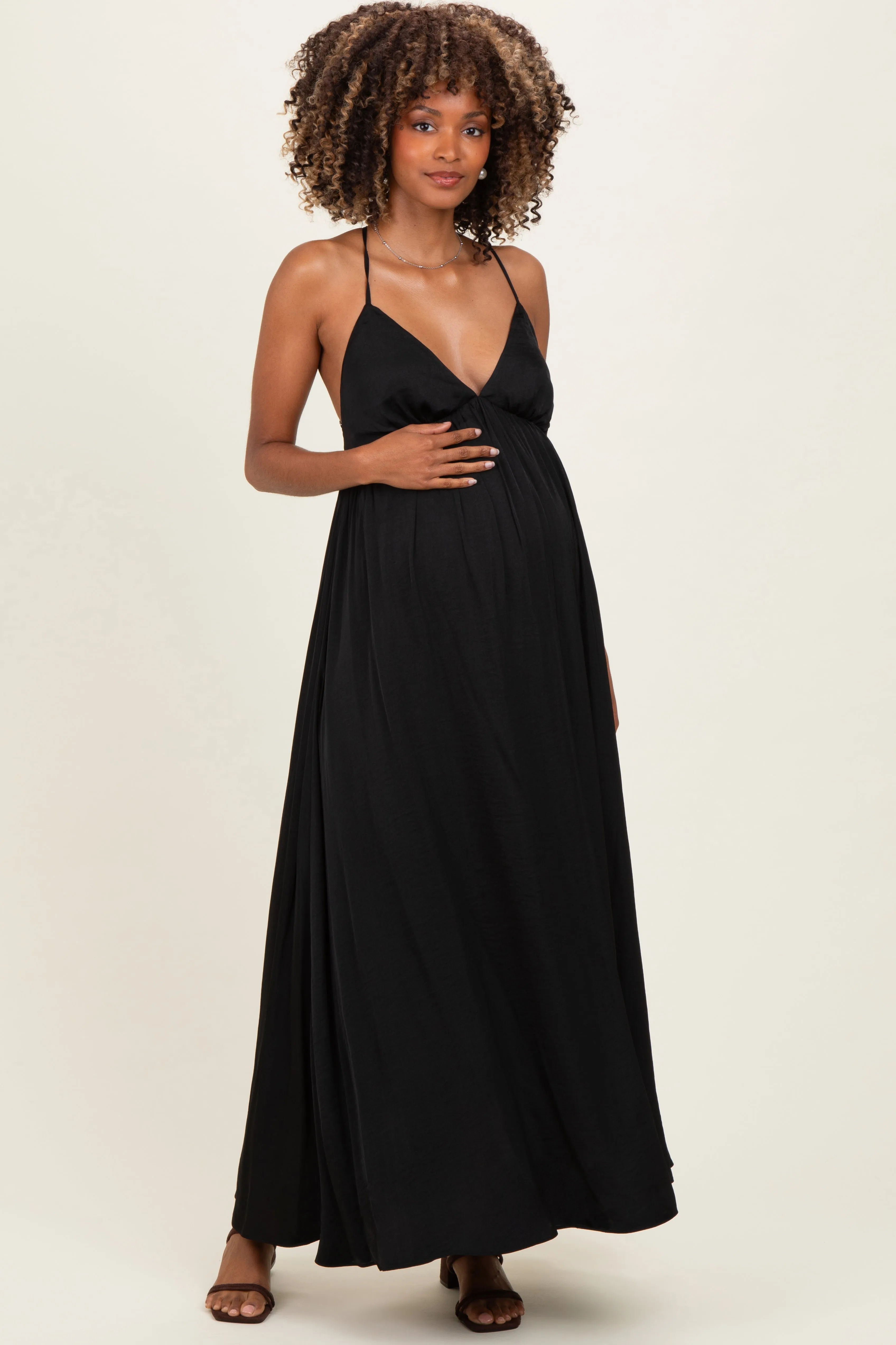 Black V-Neck Open Back Maternity Maxi Dress sold by Pinkblush