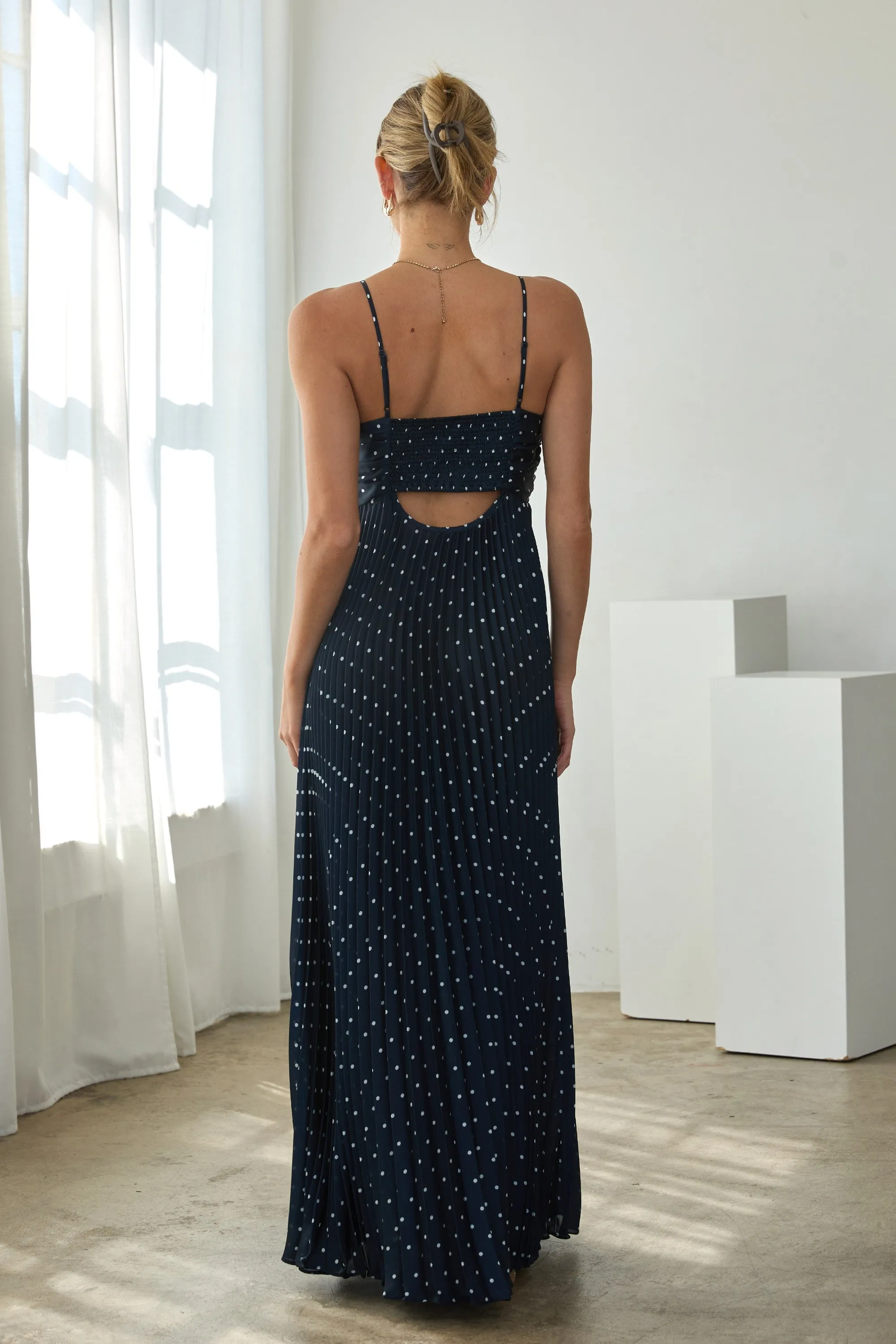 Navy Polka Dot Pleated Cutout Maxi Dress sold by Pinkblush product image thumbnail 3
