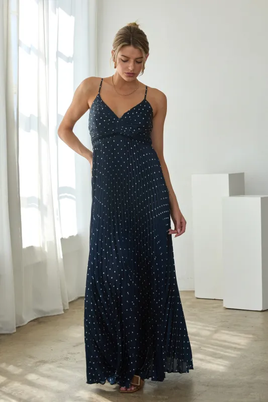 Navy Polka Dot Pleated Cutout Maxi Dress made by Skies Are Blue