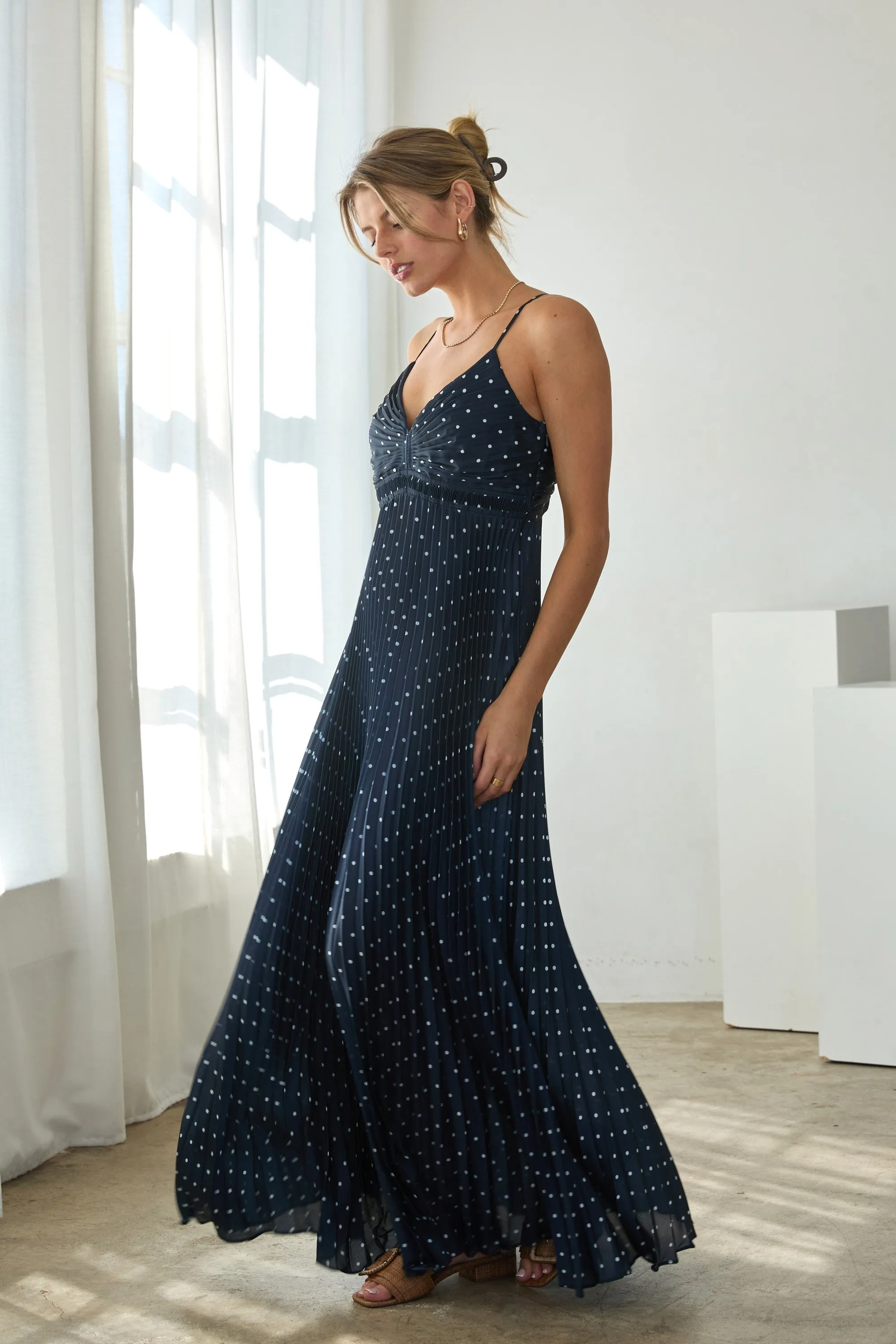 Navy Polka Dot Pleated Cutout Maxi Dress sold by Pinkblush product image thumbnail 2